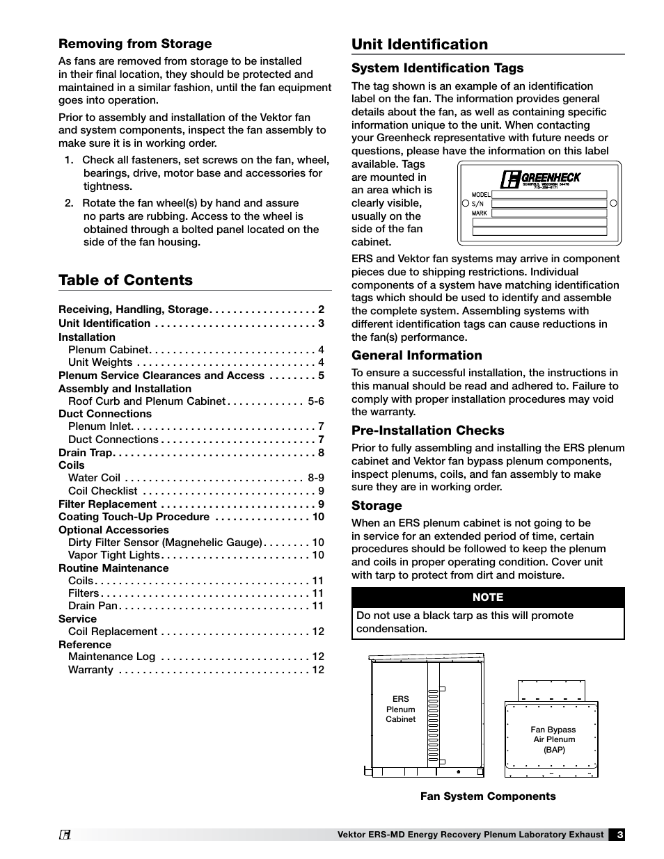 Table of contents unit identification, Removing from storage, System identification tags | General information, Pre-installation checks, Storage | Greenheck Fan Vektor-ERS Energy Recovery Plenum Laboratory Exhaust 474118 User Manual | Page 3 / 12