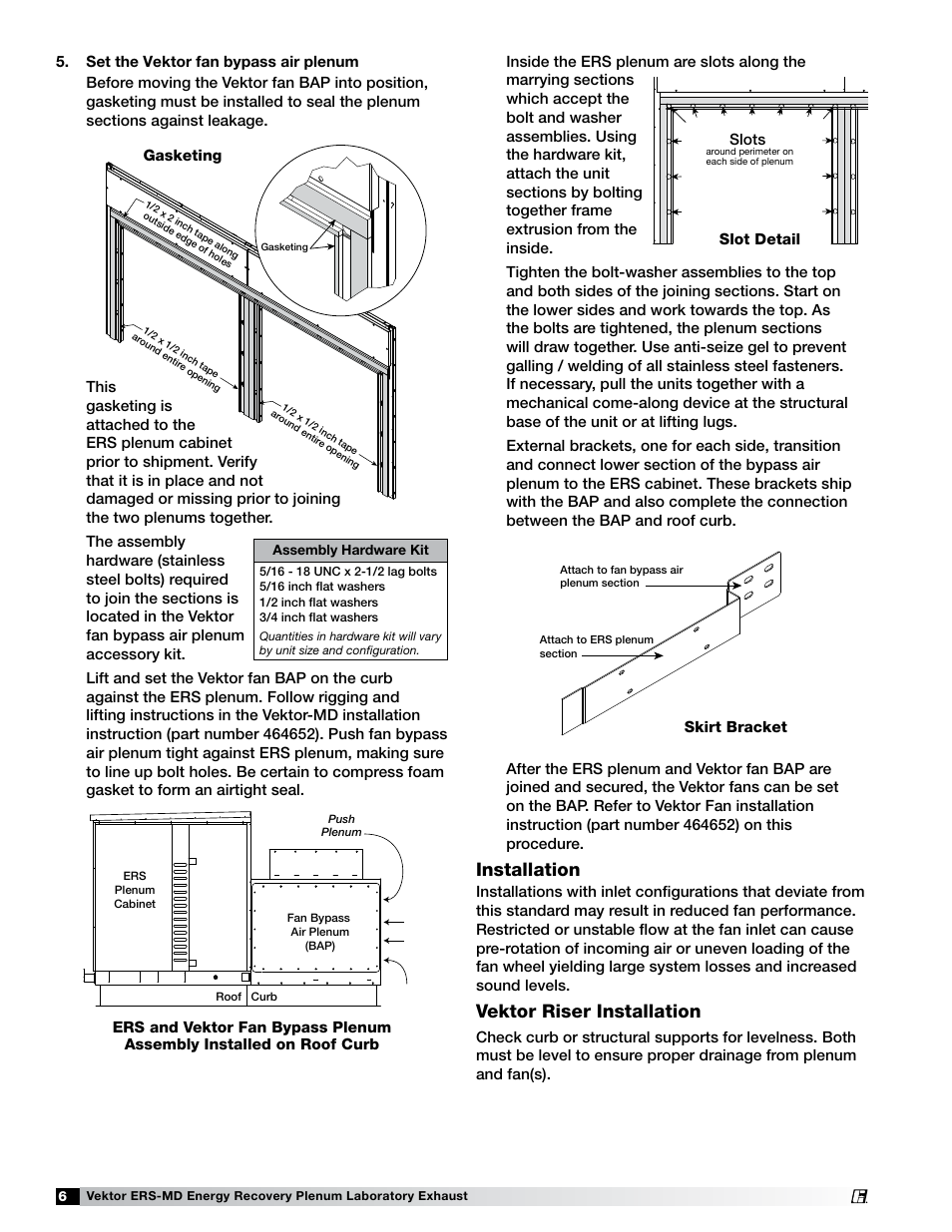 Installation, Vektor riser installation, Vk-ers marriage wall | Vk-ers skirt bracket | Greenheck Fan Vektor-ERS Energy Recovery Plenum Laboratory Exhaust 474118 User Manual | Page 6 / 12