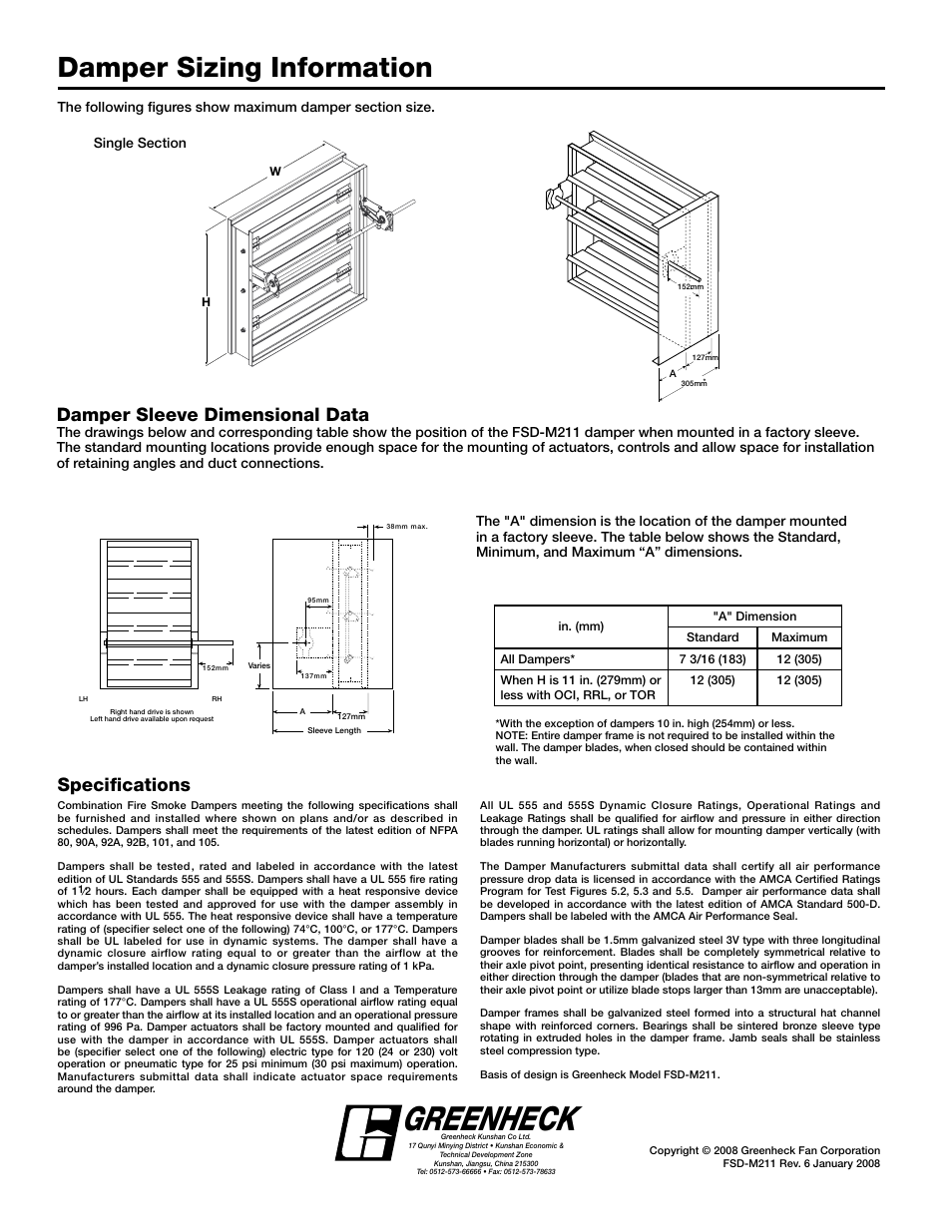 Greenheck, Damper sizing information, Damper sleeve dimensional data | Specifications | Greenheck Fan Combination Fire Smoke Dampers FSD-M211 User Manual | Page 6 / 6
