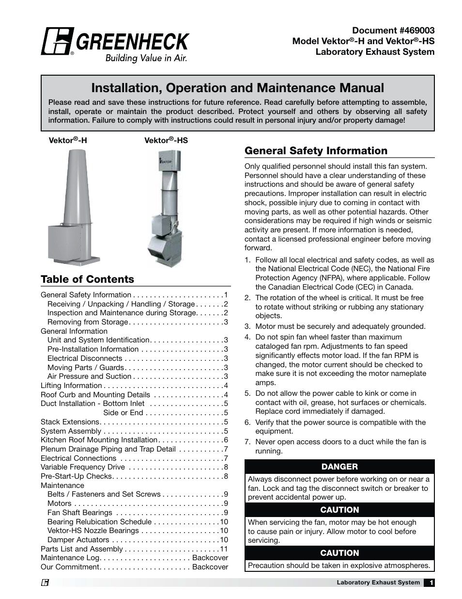 Greenheck Fan Laboratory Exhaust System Vektor-HS User Manual | 12 pages