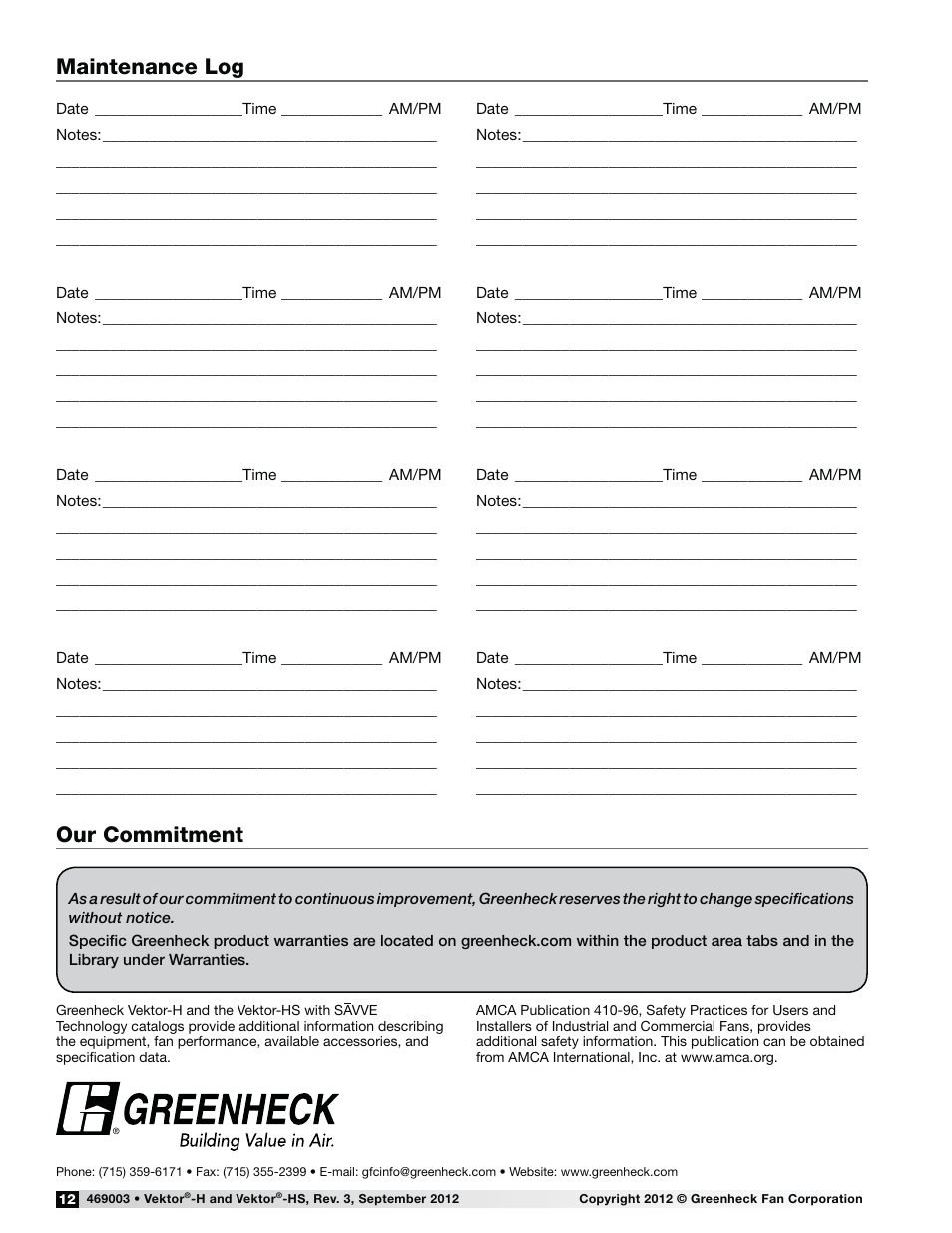 Maintenance log, Our commitment | Greenheck Fan Laboratory Exhaust System Vektor-HS User Manual | Page 12 / 12