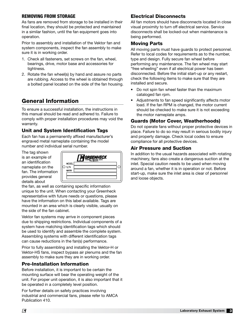 General information | Greenheck Fan Laboratory Exhaust System Vektor-HS User Manual | Page 3 / 12