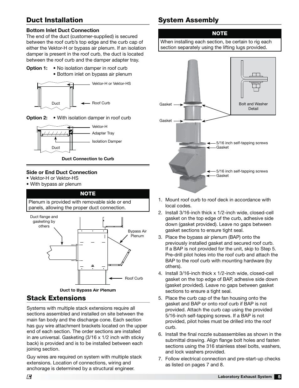 Duct installation, Stack extensions, System assembly | Greenheck Fan Laboratory Exhaust System Vektor-HS User Manual | Page 5 / 12