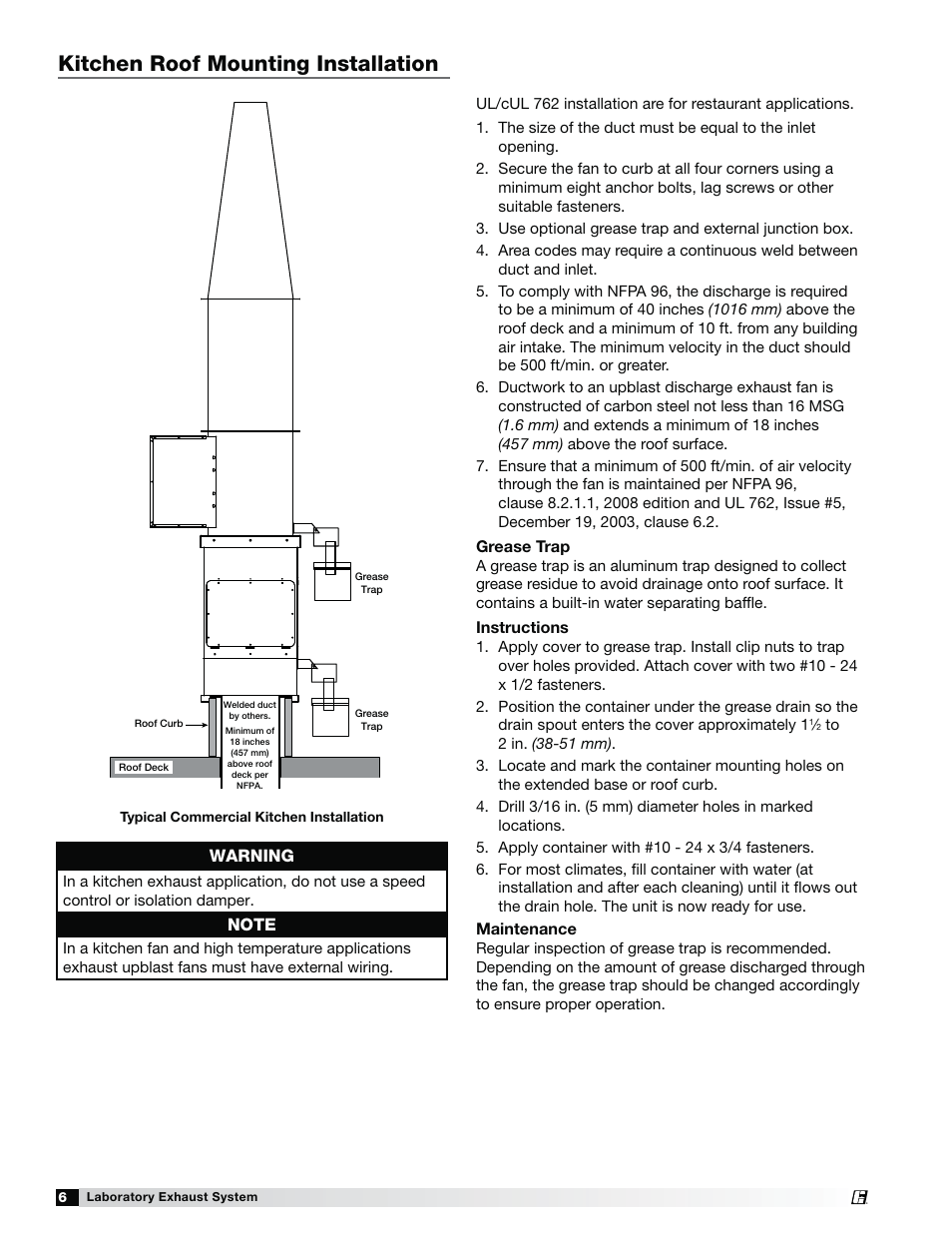 Kitchen roof mounting installation, Warning | Greenheck Fan Laboratory Exhaust System Vektor-HS User Manual | Page 6 / 12