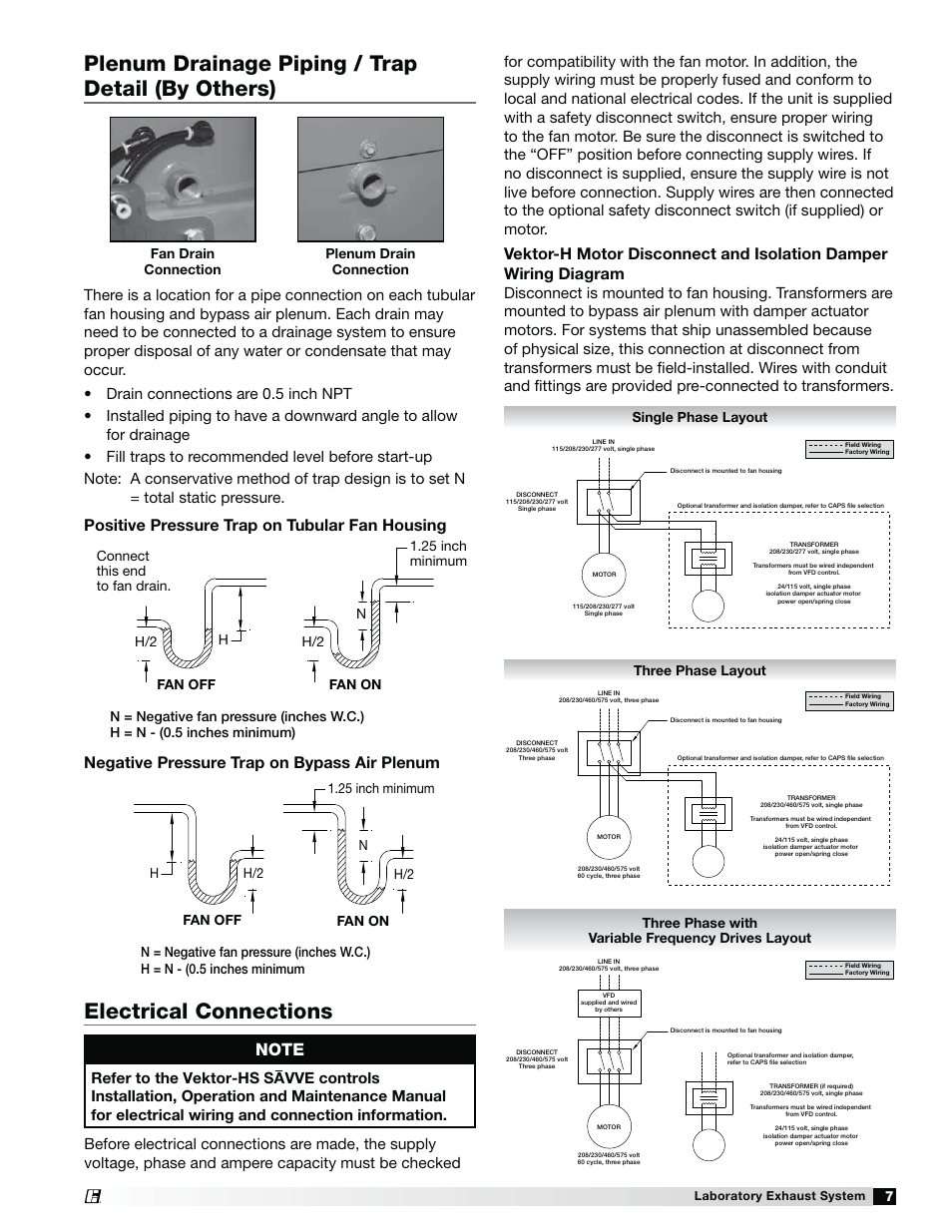 Plenum drainage piping / trap detail (by others), Electrical connections, Positive pressure trap on tubular fan housing | Negative pressure trap on bypass air plenum, Fan drain connection plenum drain connection, Single phase layout, Three phase layout, Three phase with variable frequency drives layout | Greenheck Fan Laboratory Exhaust System Vektor-HS User Manual | Page 7 / 12