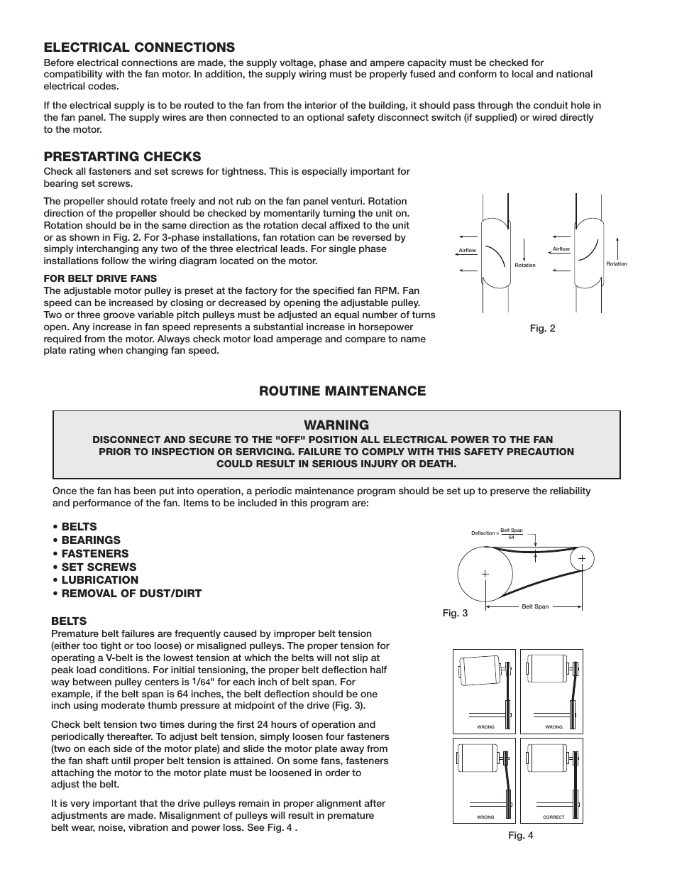 Routine maintenance, Warning, Prestarting checks | Electrical connections | Greenheck Fan Hooded Propeller Roof Fans User Manual | Page 2 / 4