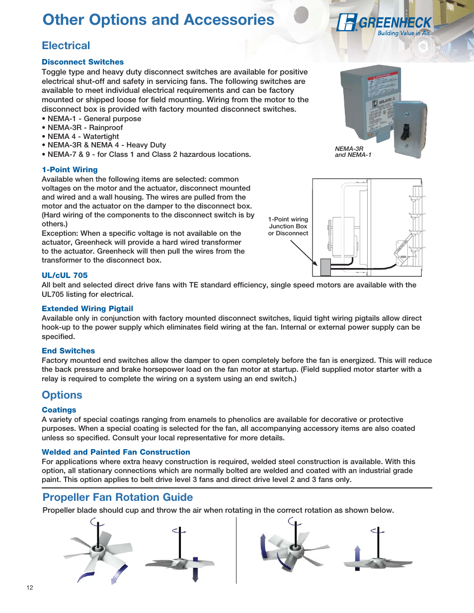 Other options and accessories, Electrical, Options | Propeller fan rotation guide | Greenheck Fan SE1 User Manual | Page 12 / 40