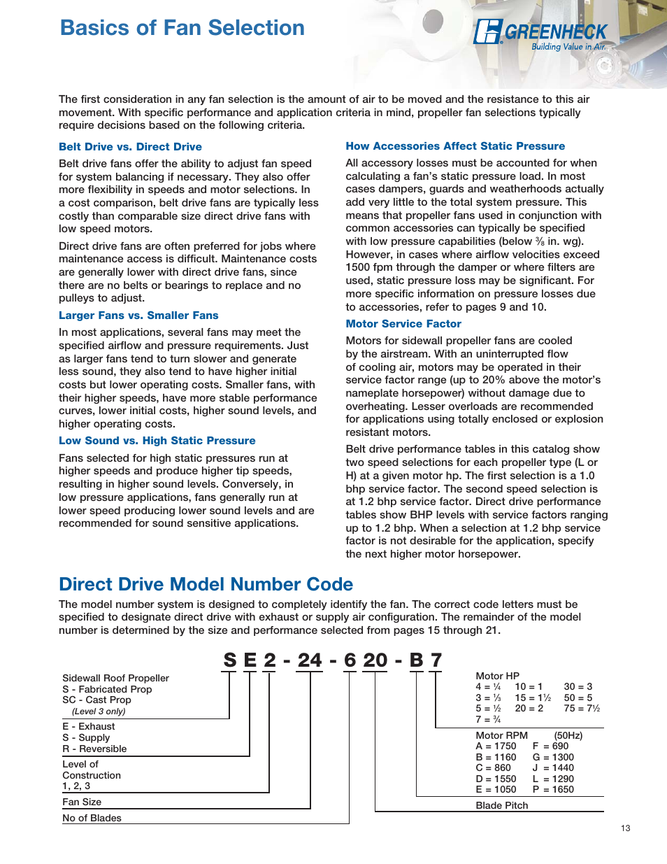 Basics of fan selection, Direct drive model number code | Greenheck Fan SE1 User Manual | Page 13 / 40