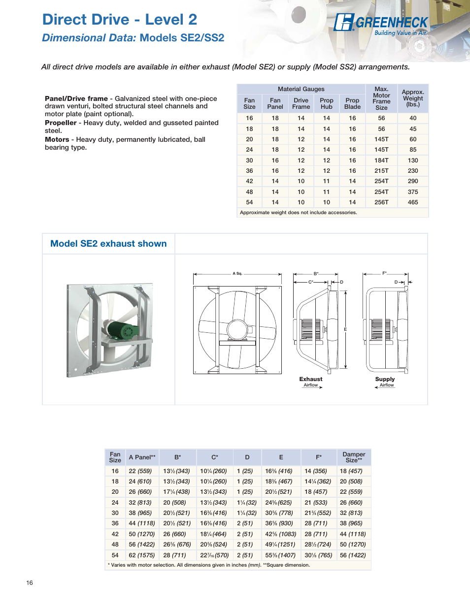 Direct drive - level 2, Dimensional data: models se2/ss2, Model se2 exhaust shown | Greenheck Fan SE1 User Manual | Page 16 / 40