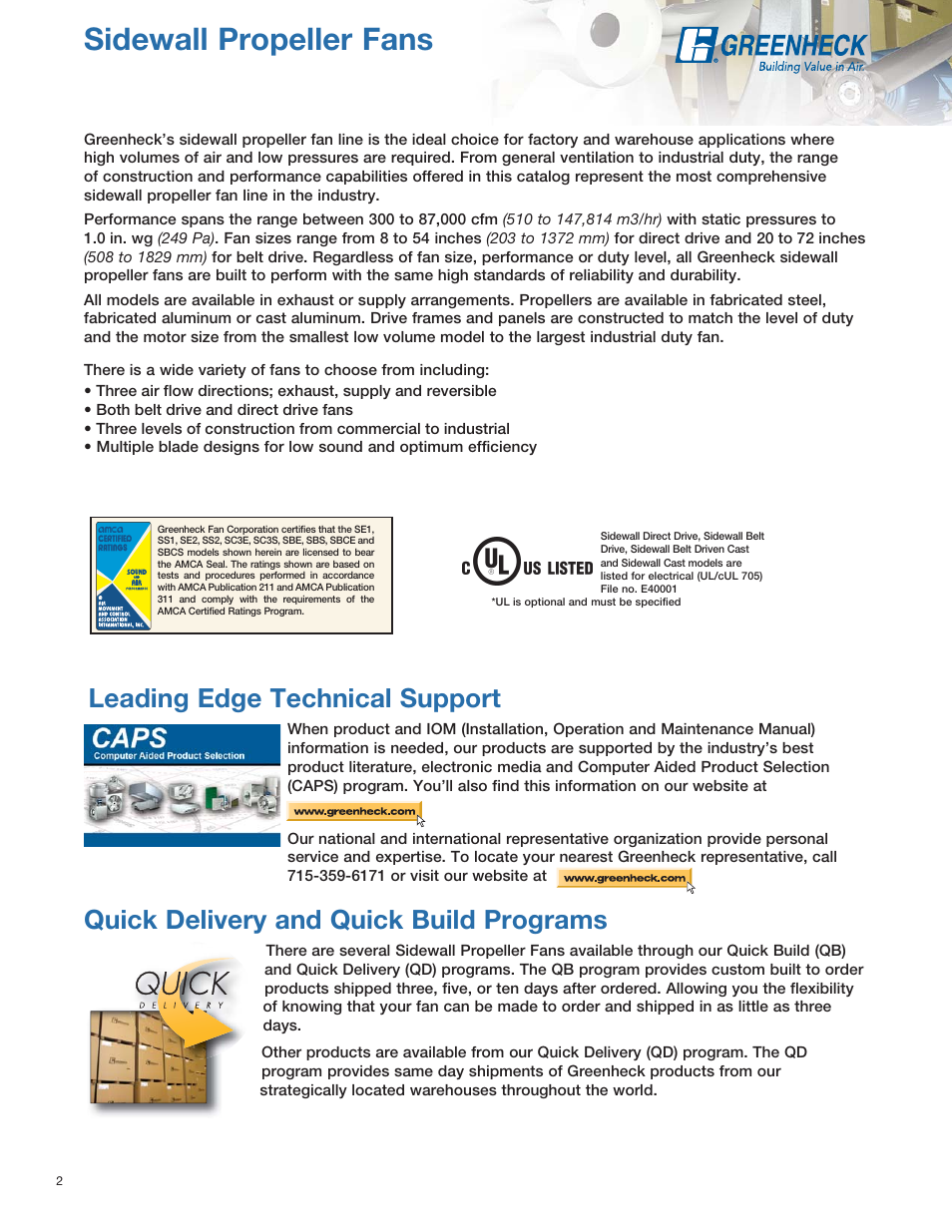 Sidewall propeller fans, Quick delivery and quick build programs, Leading edge technical support | Greenheck Fan SE1 User Manual | Page 2 / 40