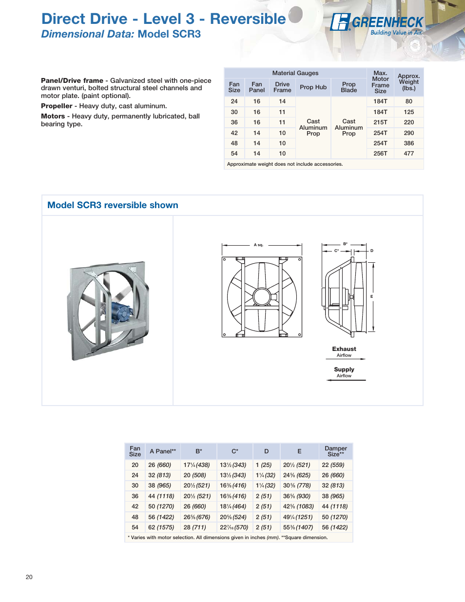 Direct drive - level 3 - reversible, Dimensional data: model scr3, Model scr3 reversible shown | Greenheck Fan SE1 User Manual | Page 20 / 40