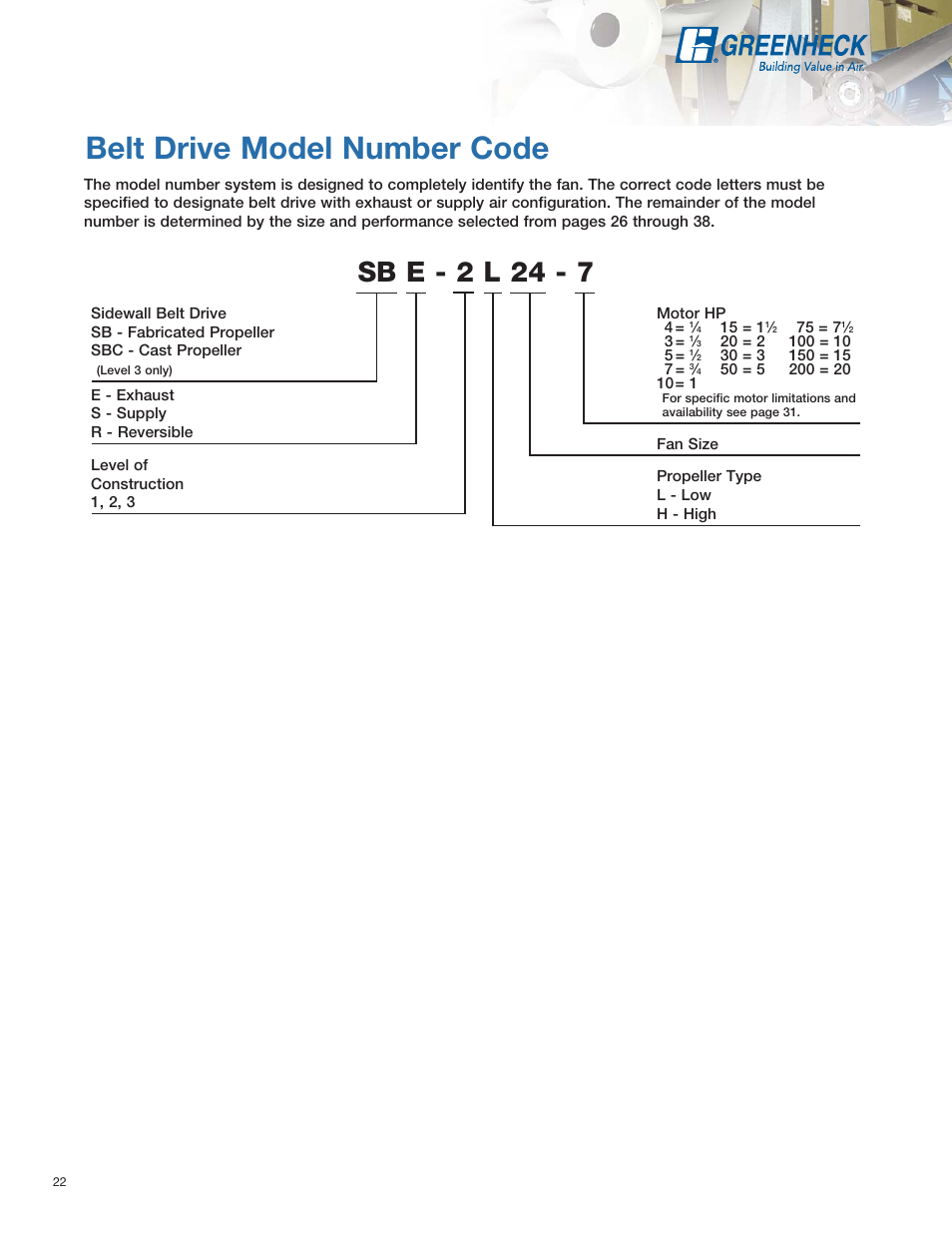 Belt drive model number code, Sb e - 2 l 24 - 7 | Greenheck Fan SE1 User Manual | Page 22 / 40