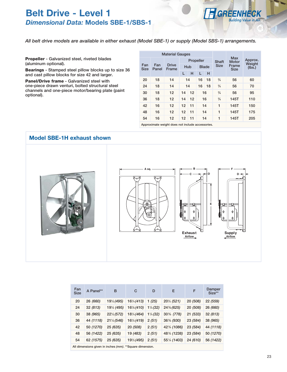 Belt drive - level 1, Dimensional data: models sbe-1/sbs-1, Model sbe-1h exhaust shown | Greenheck Fan SE1 User Manual | Page 23 / 40