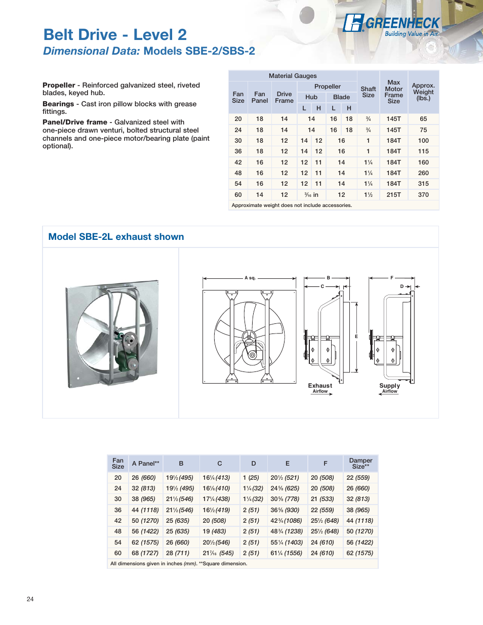 Belt drive - level 2, Dimensional data: models sbe-2/sbs-2, Model sbe-2l exhaust shown | Greenheck Fan SE1 User Manual | Page 24 / 40