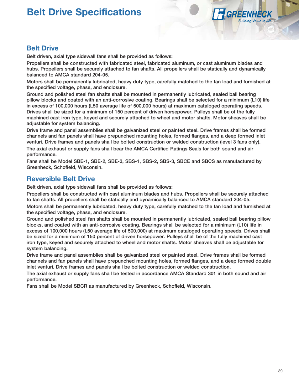 Belt drive specifications | Greenheck Fan SE1 User Manual | Page 39 / 40