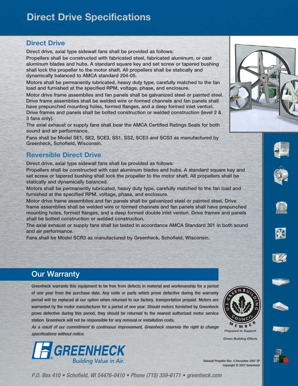 Direct drive specifications, Our warranty, Direct drive | Reversible direct drive | Greenheck Fan SE1 User Manual | Page 40 / 40