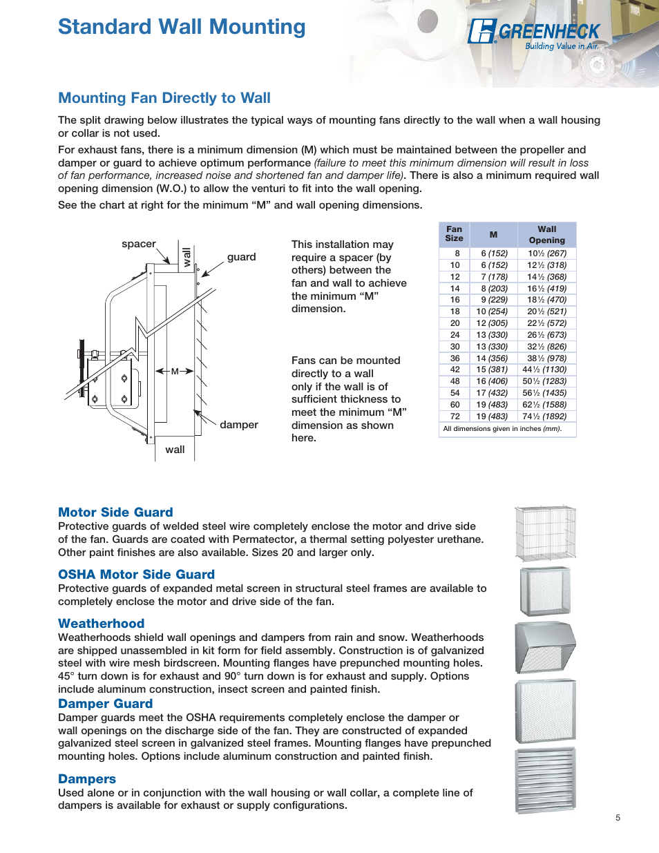 Standard wall mounting, Mounting fan directly to wall, Motor side guard | Osha motor side guard, Weatherhood, Damper guard, Dampers, Wal l spacer guard wall damper | Greenheck Fan SE1 User Manual | Page 5 / 40