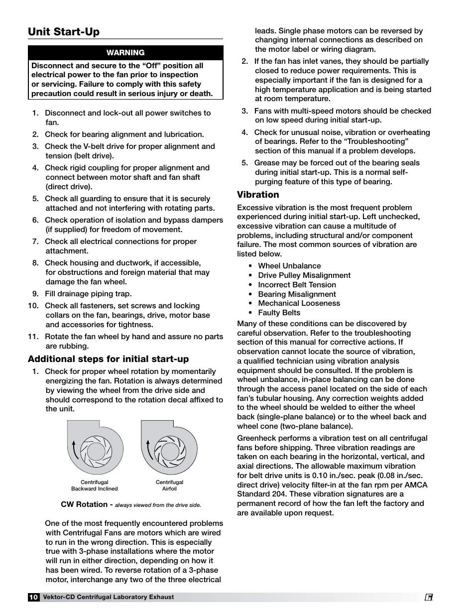 Unit start-up, Additional steps for initial start-up, Vibration | Greenheck Fan Vektor-CD Direct or Belt Drive The Vektor-CD fan 47555 User Manual | Page 10 / 16