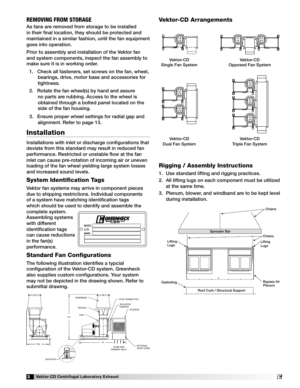 Installation, Removing from storage, System identification tags | Standard fan configurations | Greenheck Fan Vektor-CD Direct or Belt Drive The Vektor-CD fan 47555 User Manual | Page 3 / 16