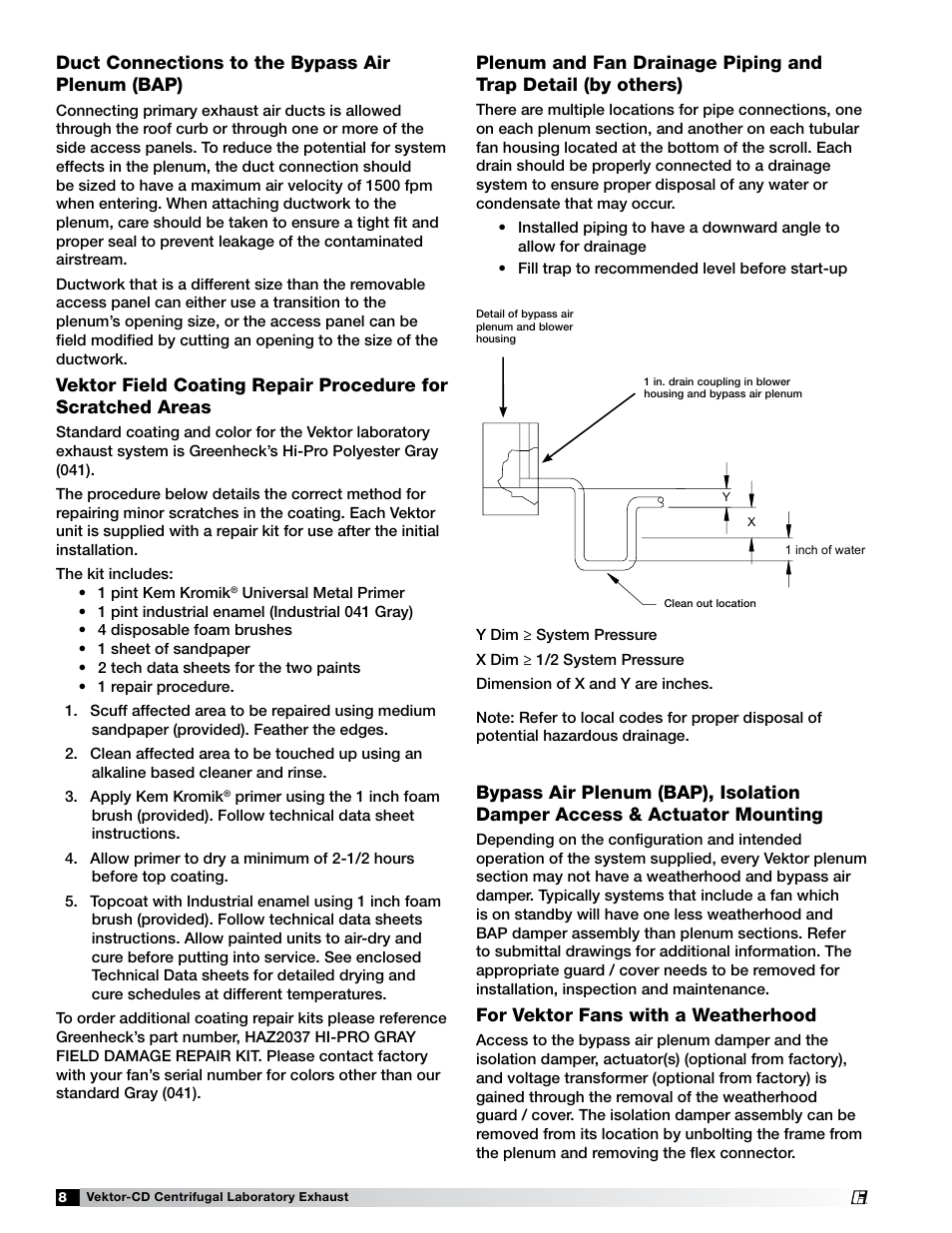 For vektor fans with a weatherhood, Duct connections to the bypass air plenum (bap) | Greenheck Fan Vektor-CD Direct or Belt Drive The Vektor-CD fan 47555 User Manual | Page 8 / 16