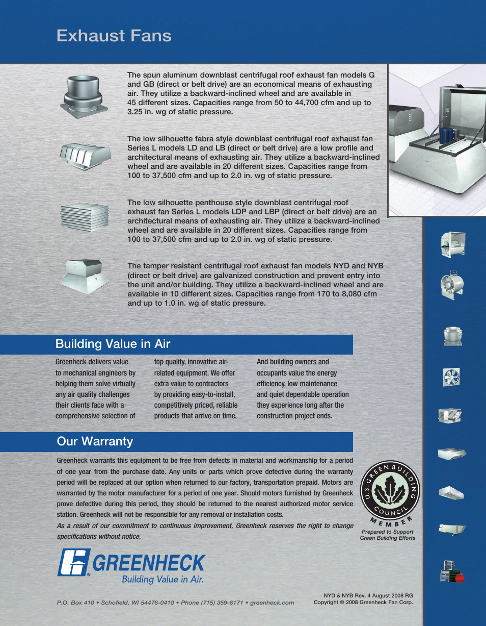 Exhaust fans, Building value in air our warranty | Greenheck Fan Centrifugal Roof Exhaust Fans NYB User Manual | Page 8 / 8