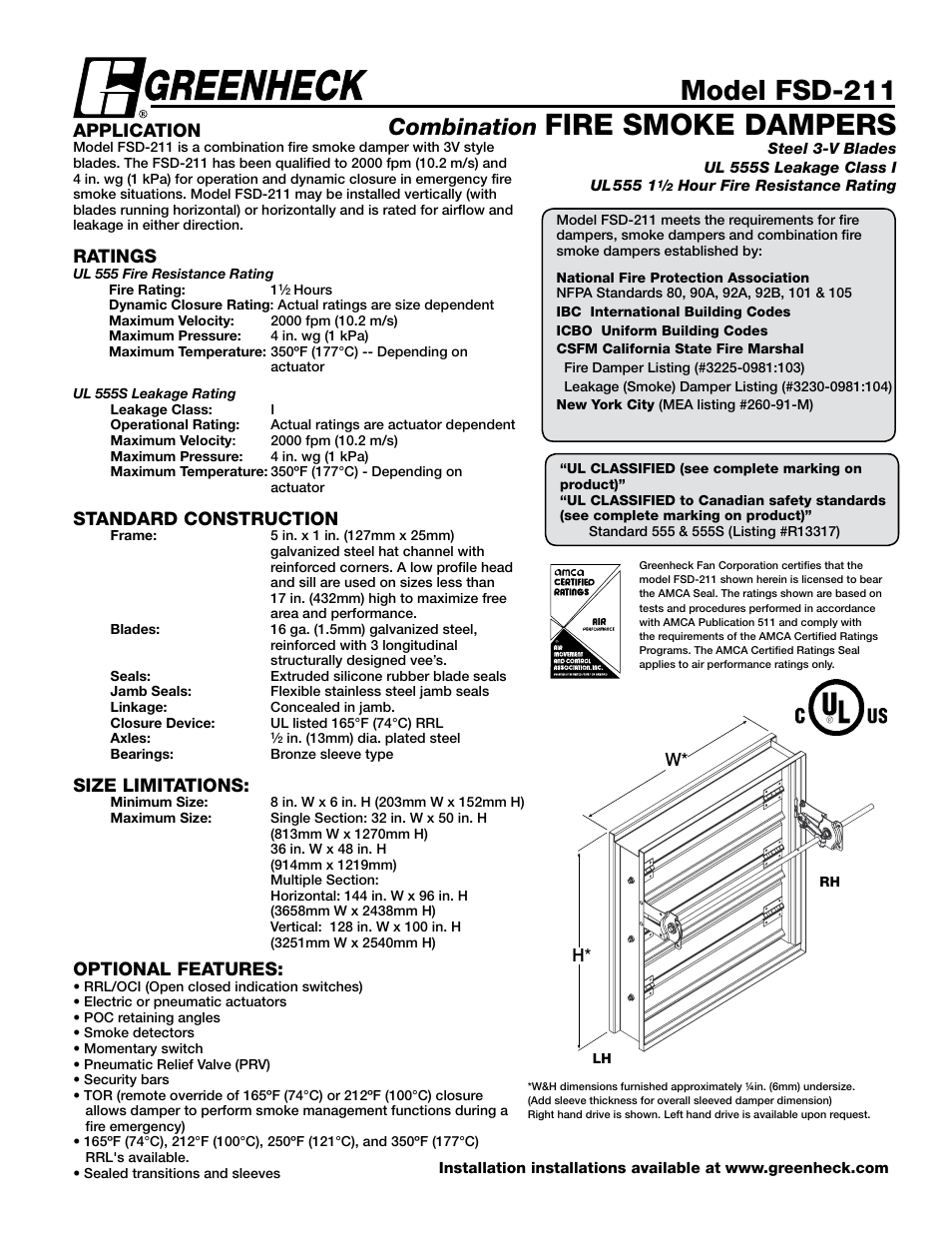 Greenheck Fan Combination Fire Smoke Damper FSD-211 User Manual | 7 pages