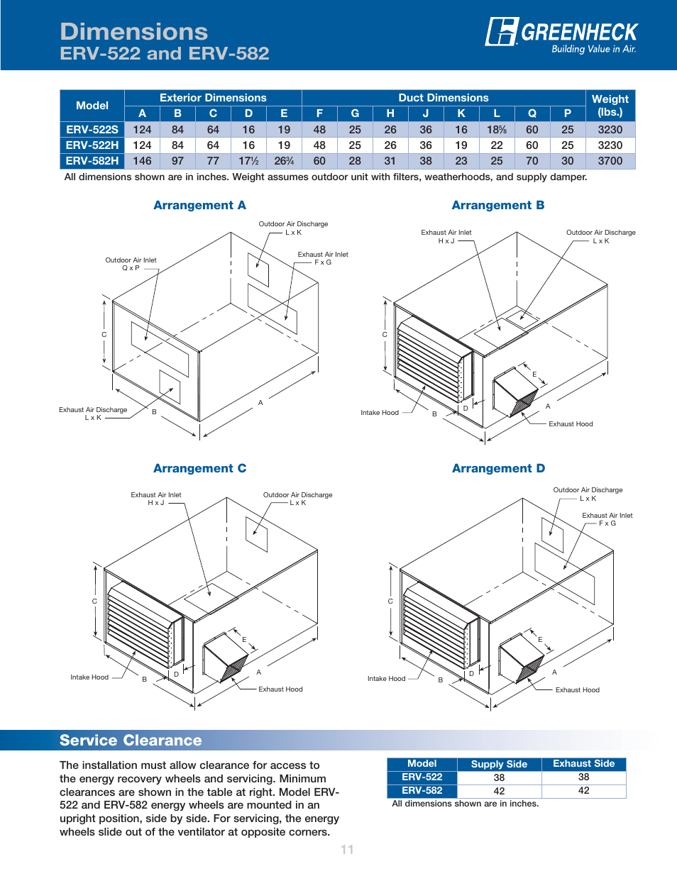 Dimensions, Service clearance | Greenheck Fan Energy Recovery Ventilator ERV User Manual | Page 11 / 16