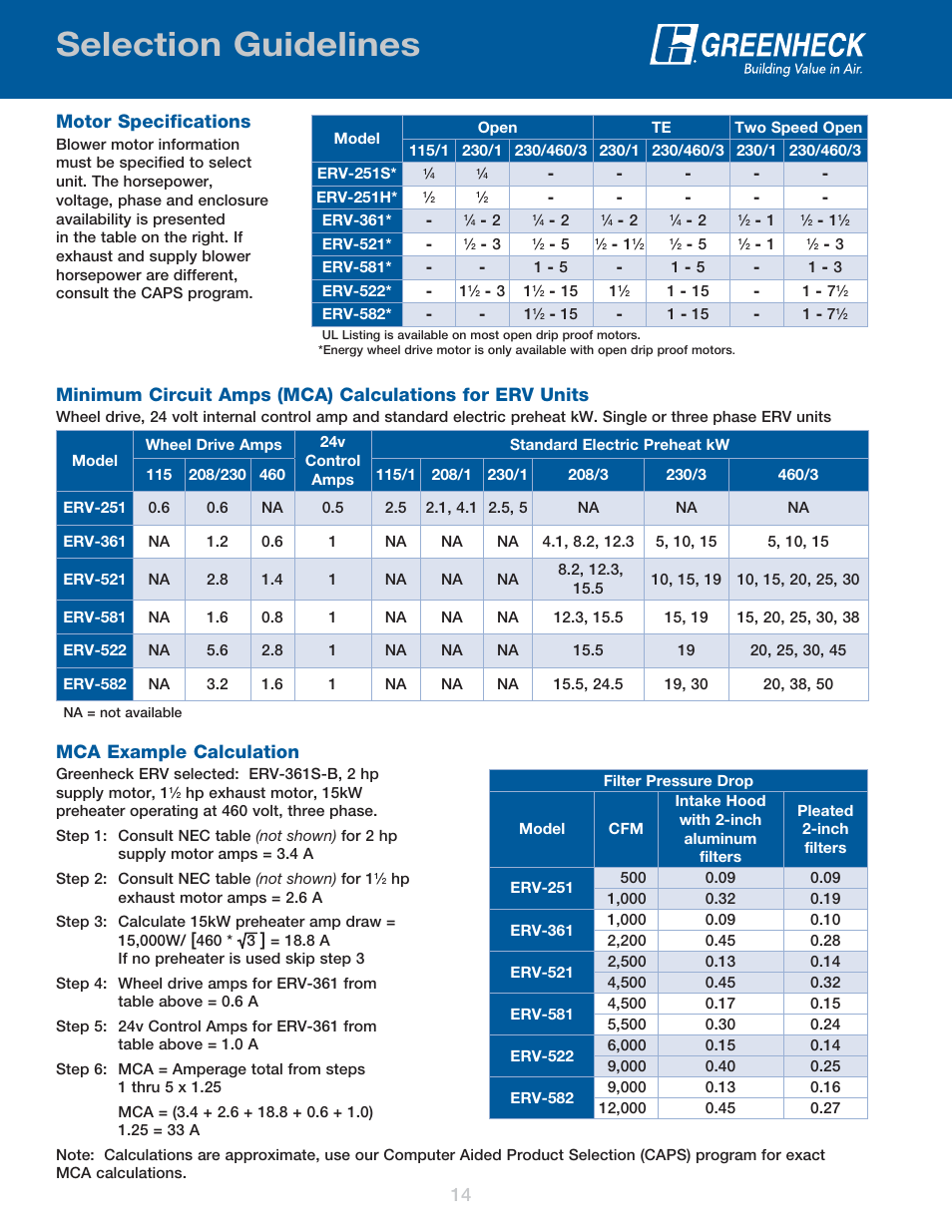 Selection guidelines, Motor specifications, Mca example calculation | Greenheck Fan Energy Recovery Ventilator ERV User Manual | Page 14 / 16