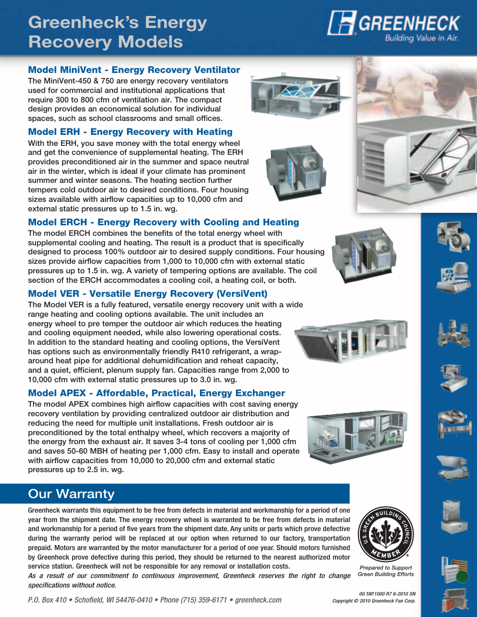 Greenheck’s energy recovery models, Our warranty | Greenheck Fan Energy Recovery Ventilator ERV User Manual | Page 16 / 16