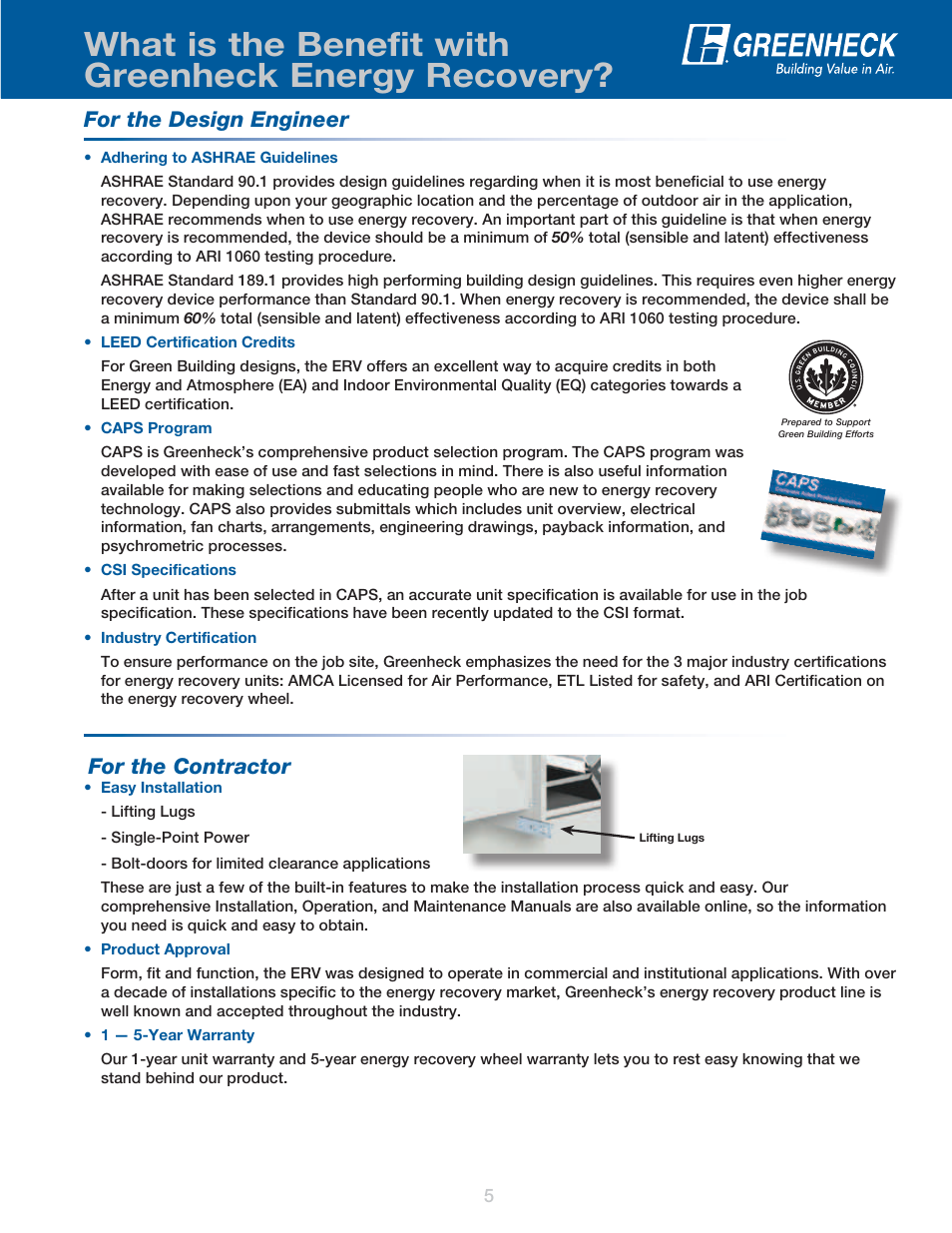 What is the benefit with greenheck energy recovery, For the design engineer, For the contractor | Greenheck Fan Energy Recovery Ventilator ERV User Manual | Page 5 / 16