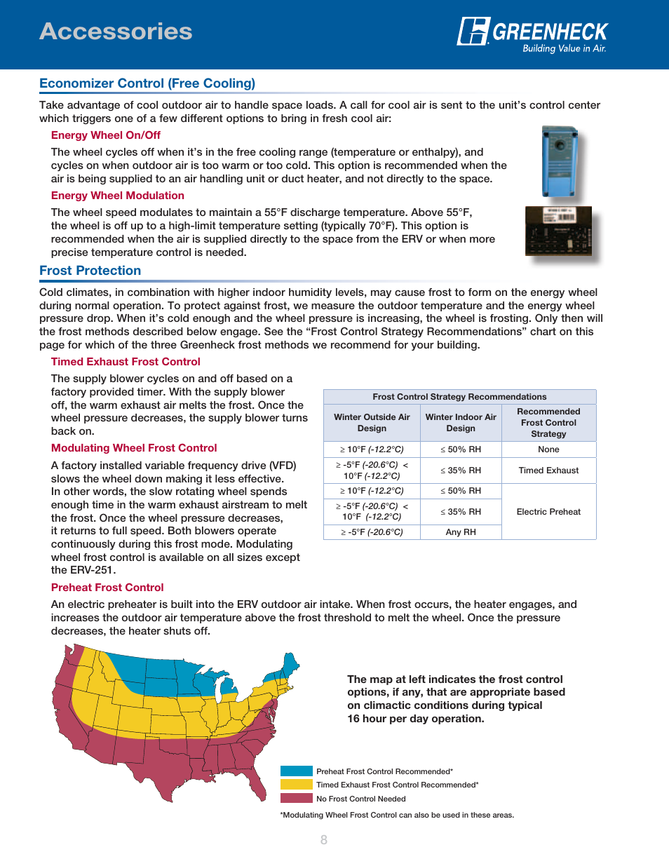 Accessories, Economizer control (free cooling), Frost protection | Greenheck Fan Energy Recovery Ventilator ERV User Manual | Page 8 / 16