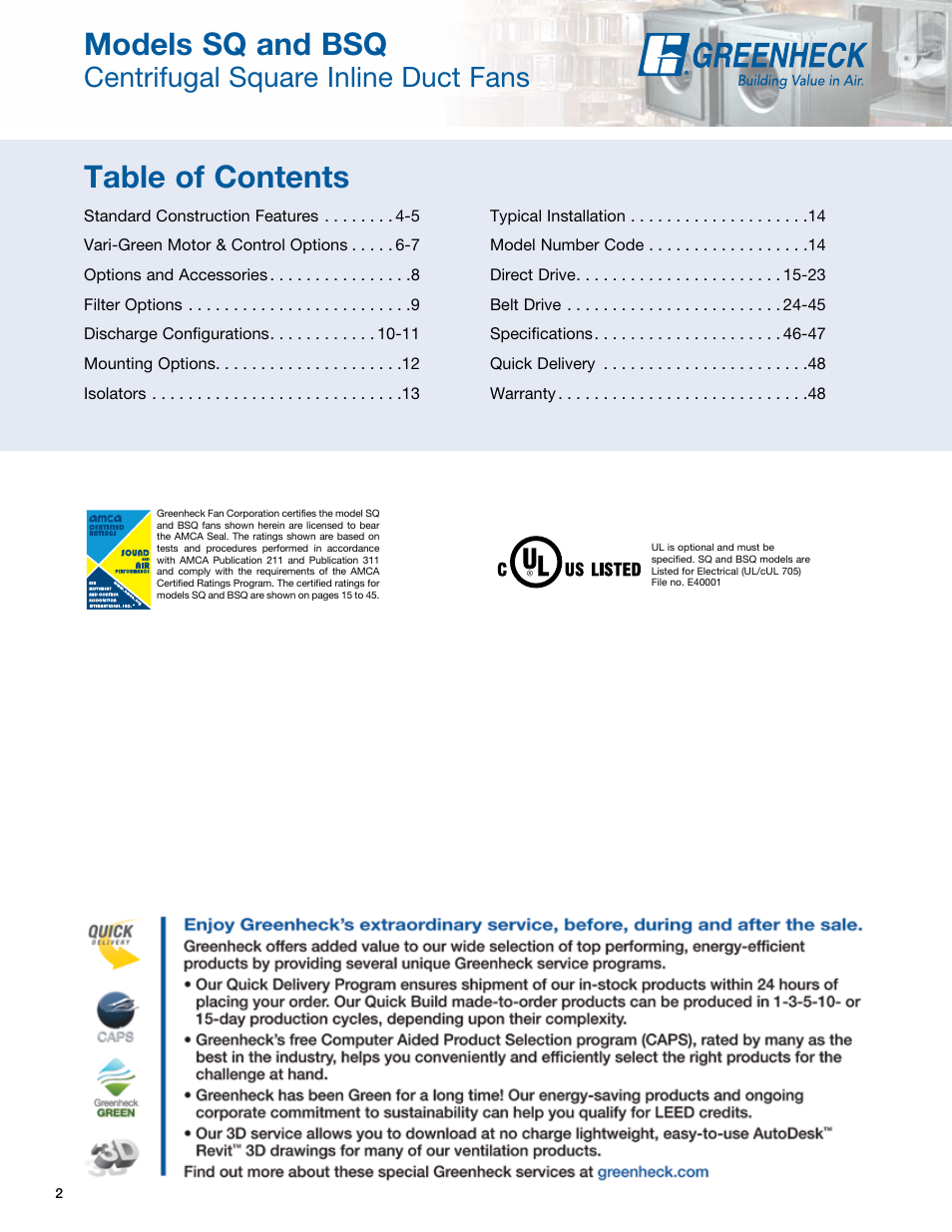 Greenheck Fan Greenheck Centrifugal Inline Fans SQ/BSQ User Manual | Page 2 / 48