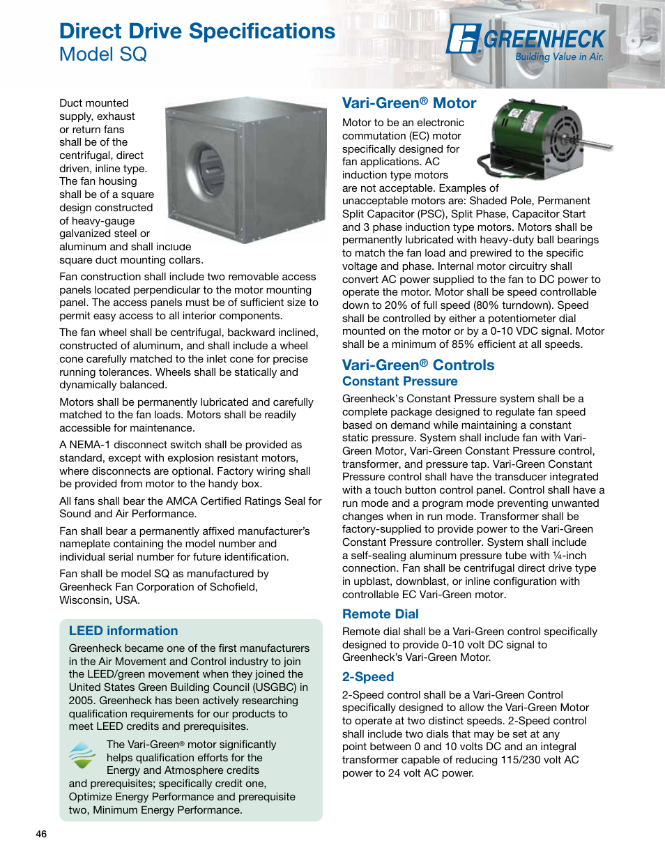 Direct drive specifications, Model sq, Vari-green | Motor, Controls | Greenheck Fan Greenheck Centrifugal Inline Fans SQ/BSQ User Manual | Page 46 / 48