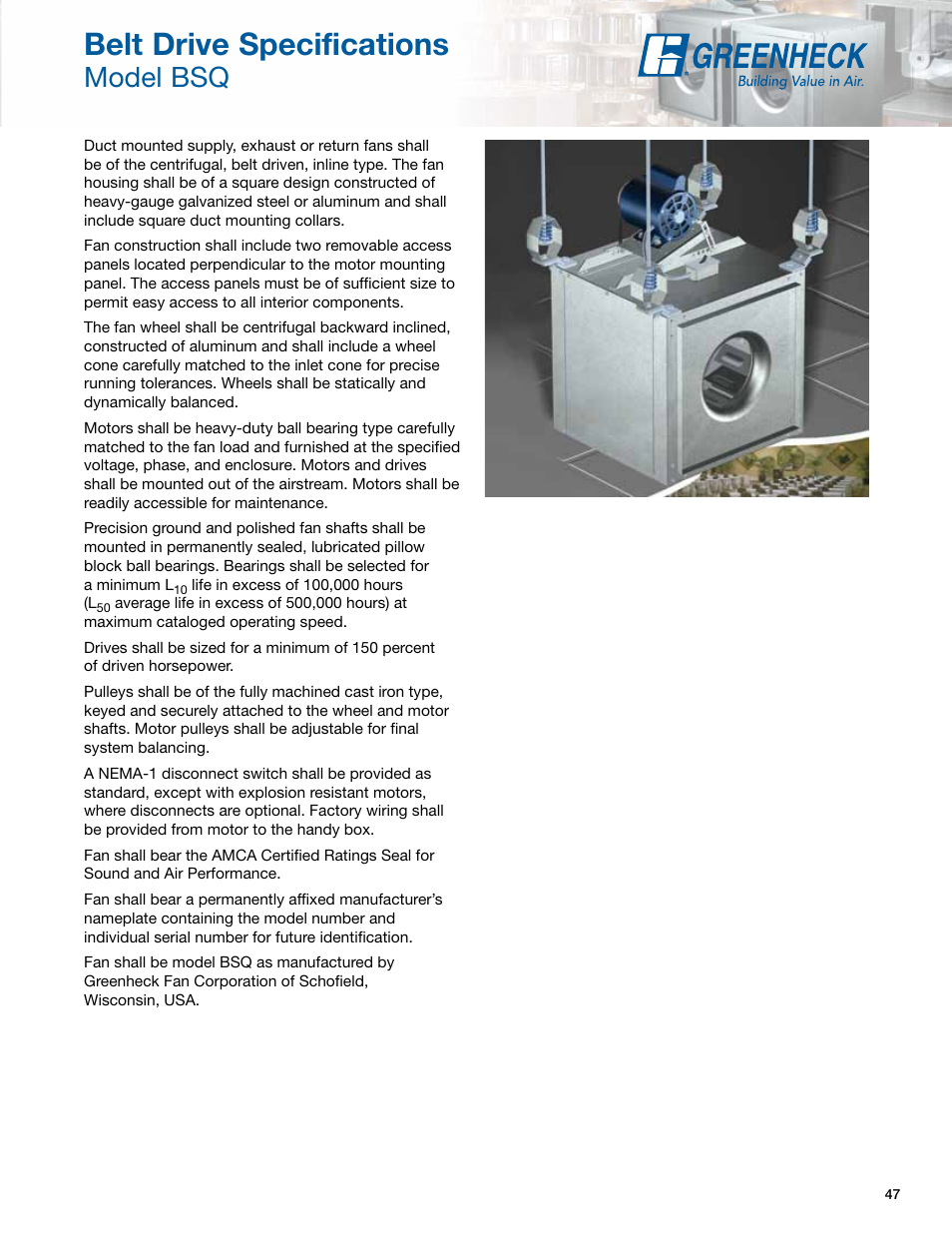 Belt drive specifications, Model bsq | Greenheck Fan Greenheck Centrifugal Inline Fans SQ/BSQ User Manual | Page 47 / 48