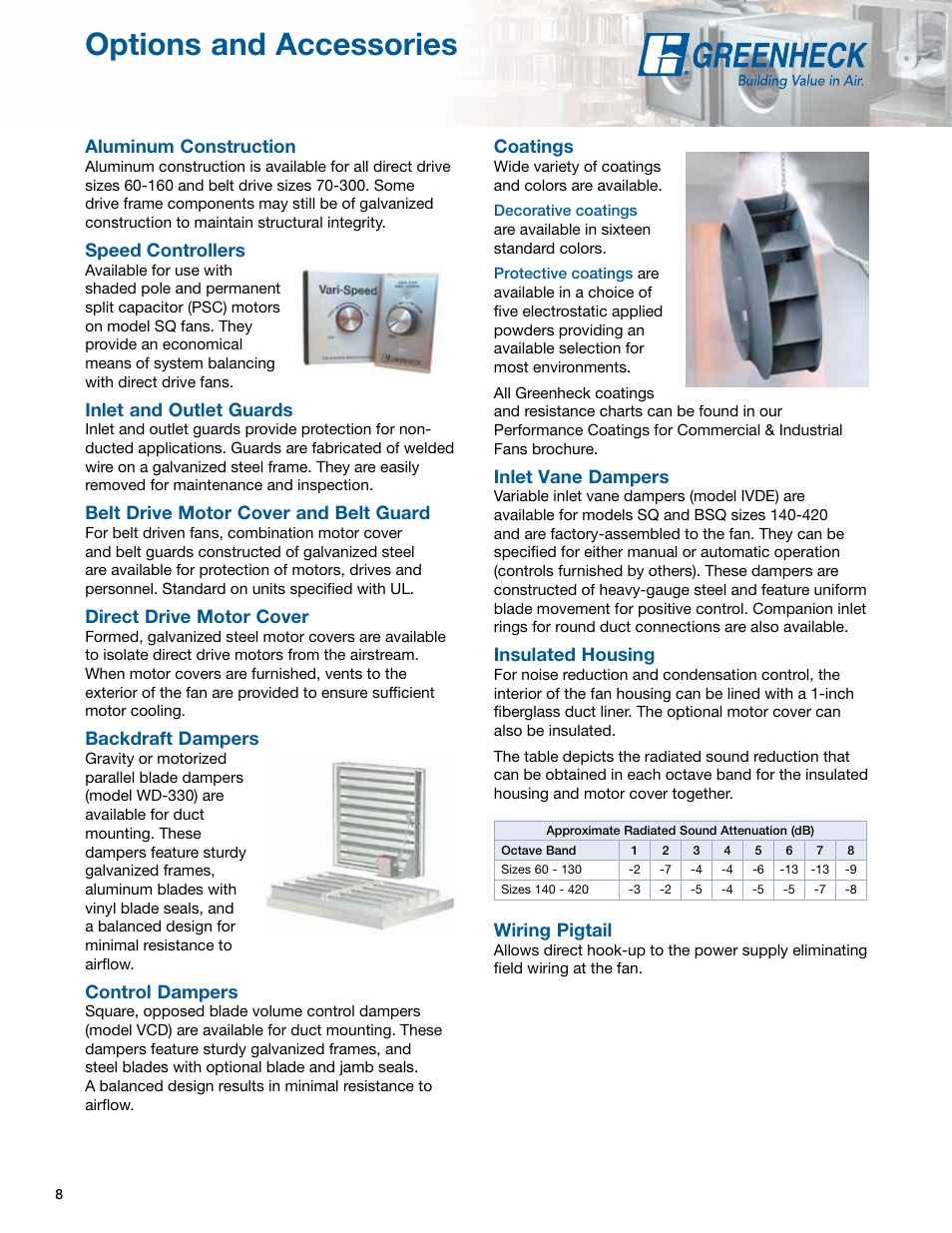 Options and accessories, Aluminum construction, Speed controllers | Inlet and outlet guards, Belt drive motor cover and belt guard, Direct drive motor cover, Backdraft dampers, Control dampers, Coatings, Inlet vane dampers | Greenheck Fan Greenheck Centrifugal Inline Fans SQ/BSQ User Manual | Page 8 / 48
