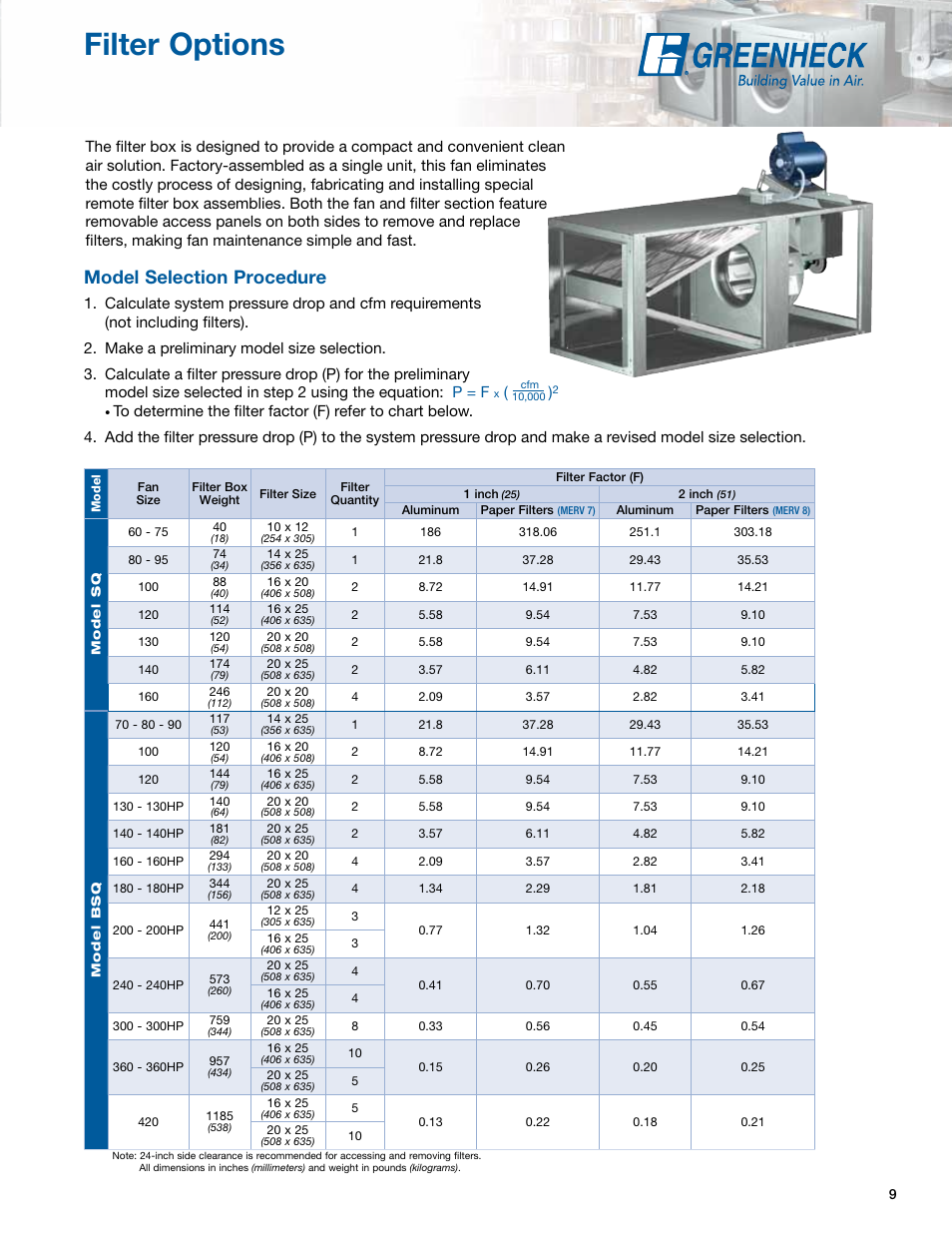 Filter options, Model selection procedure | Greenheck Fan Greenheck Centrifugal Inline Fans SQ/BSQ User Manual | Page 9 / 48