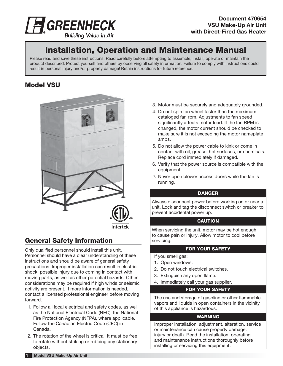 Greenheck Fan VSU Make-Up Air Unit with Direct-Fired Gas Heater 470654 User Manual | 36 pages