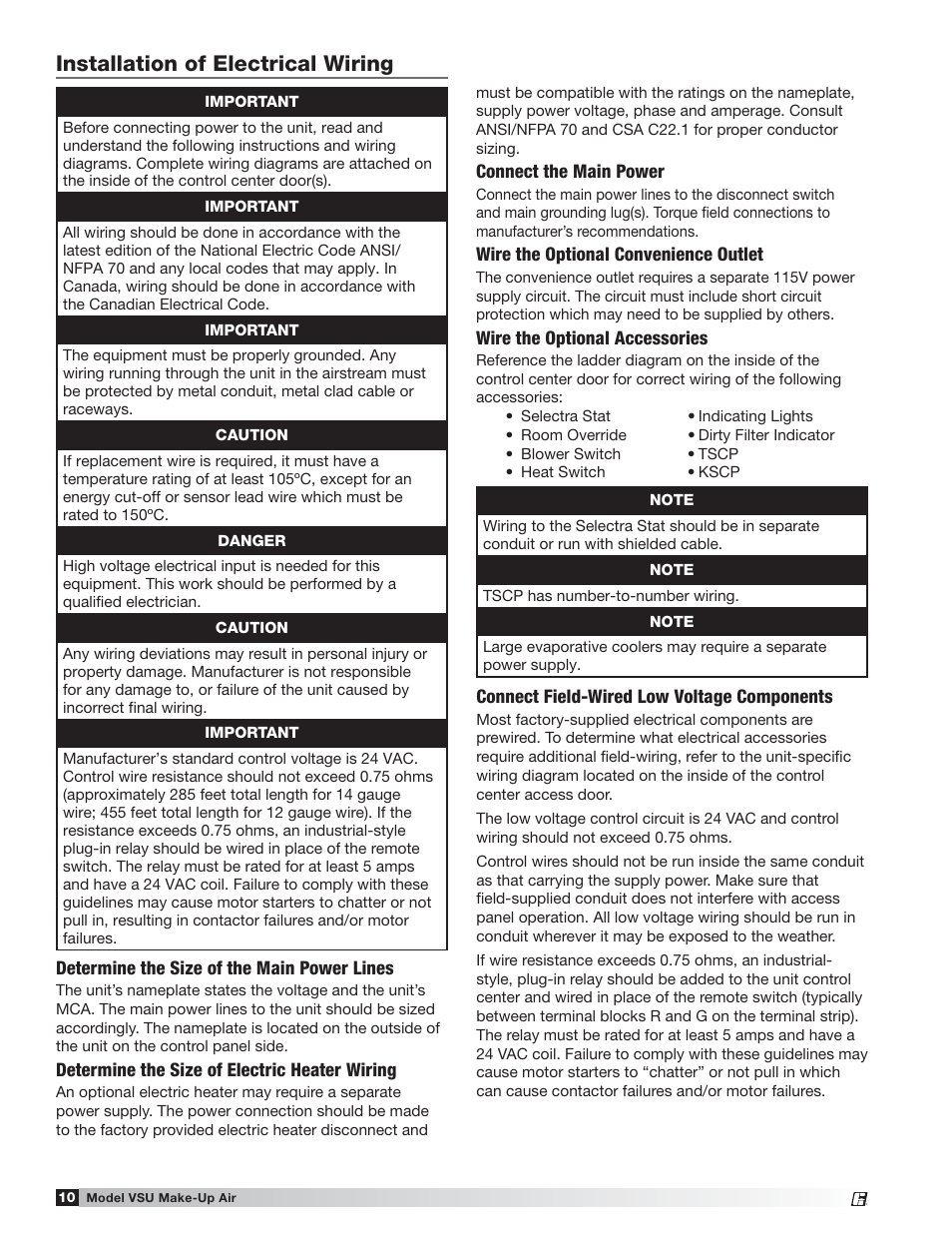 Installation of electrical wiring | Greenheck Fan VSU Make-Up Air Unit with Direct-Fired Gas Heater 470654 User Manual | Page 10 / 36