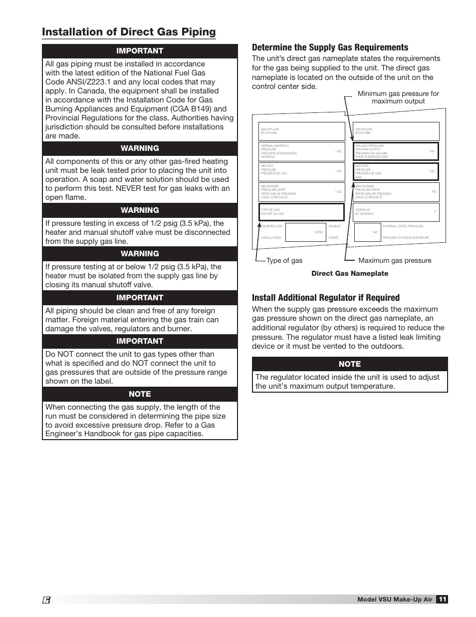 Installation of direct gas piping, Determine the supply gas requirements, Install additional regulator if required | Type of gas, Direct gas nameplate | Greenheck Fan VSU Make-Up Air Unit with Direct-Fired Gas Heater 470654 User Manual | Page 11 / 36