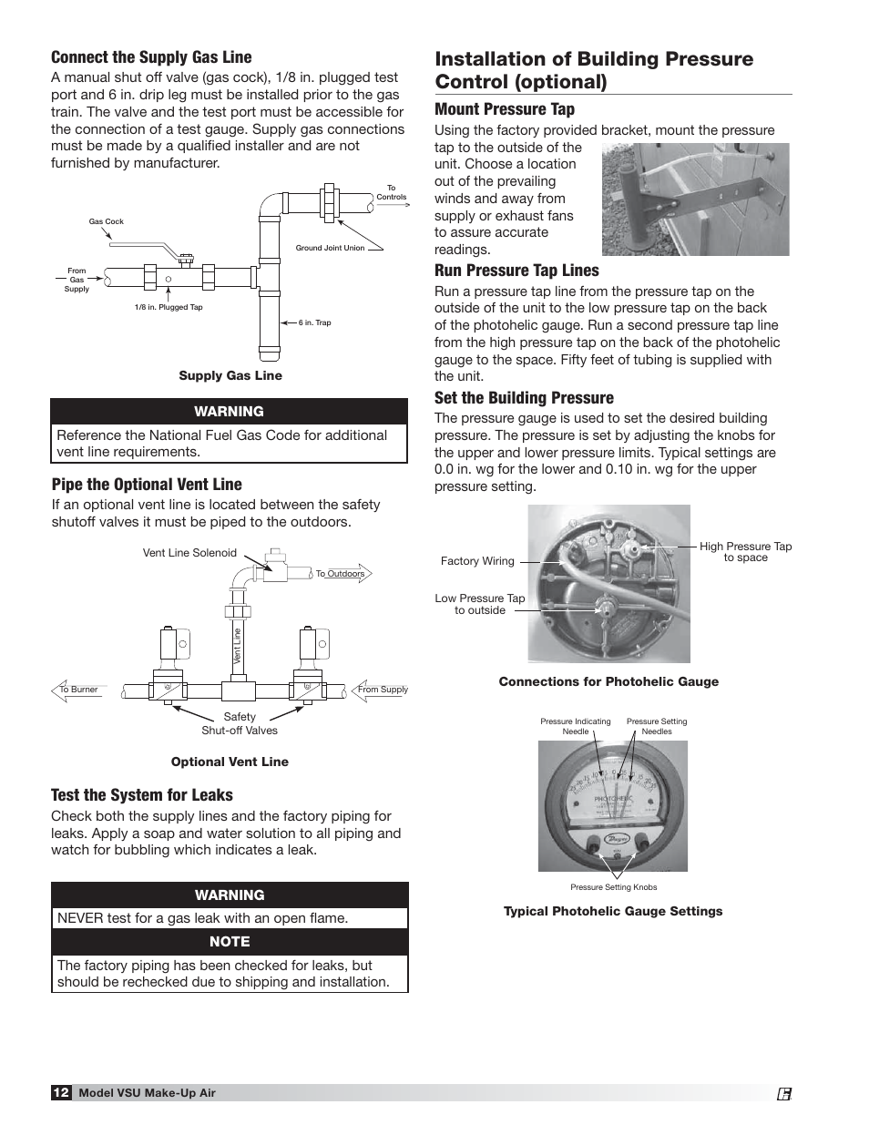 Connect the supply gas line, Test the system for leaks, Mount pressure tap | Run pressure tap lines, Set the building pressure, Pipe the optional vent line | Greenheck Fan VSU Make-Up Air Unit with Direct-Fired Gas Heater 470654 User Manual | Page 12 / 36