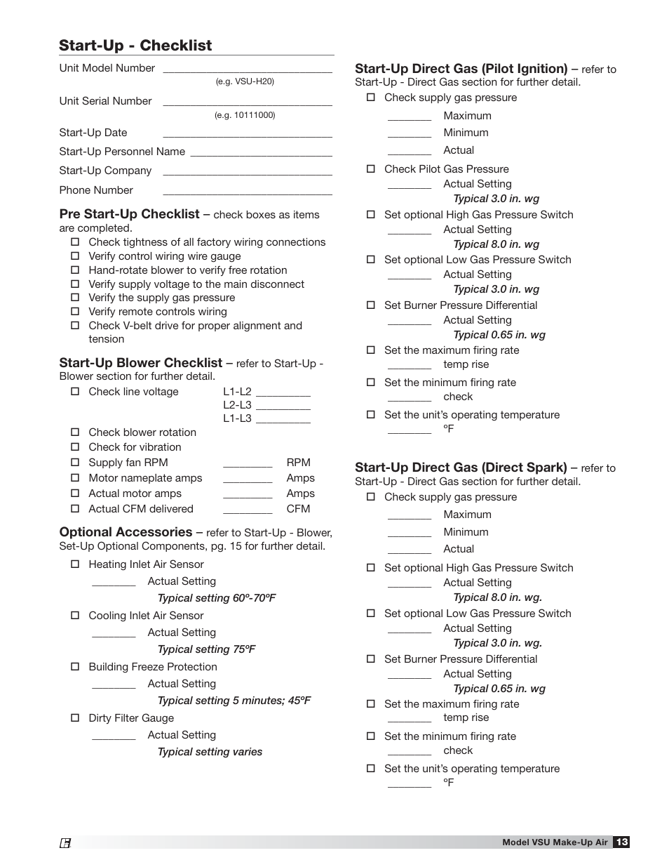 Start-up - checklist | Greenheck Fan VSU Make-Up Air Unit with Direct-Fired Gas Heater 470654 User Manual | Page 13 / 36