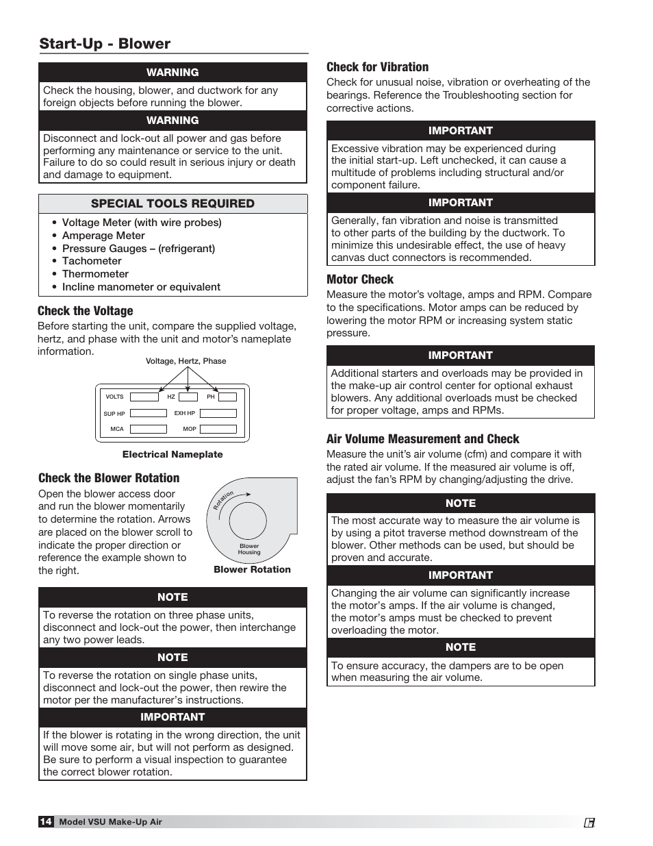 Start-up - blower, Motor check, Air volume measurement and check | Check the voltage, Check the blower rotation, Check for vibration, Special tools required | Greenheck Fan VSU Make-Up Air Unit with Direct-Fired Gas Heater 470654 User Manual | Page 14 / 36