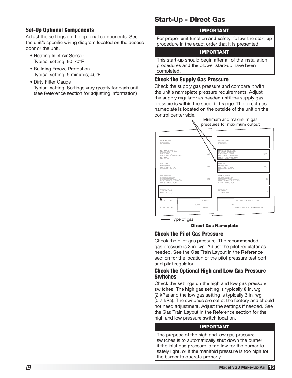 Start-up - direct gas, Set-up optional components, Check the supply gas pressure | Check the pilot gas pressure, Direct gas nameplate | Greenheck Fan VSU Make-Up Air Unit with Direct-Fired Gas Heater 470654 User Manual | Page 15 / 36