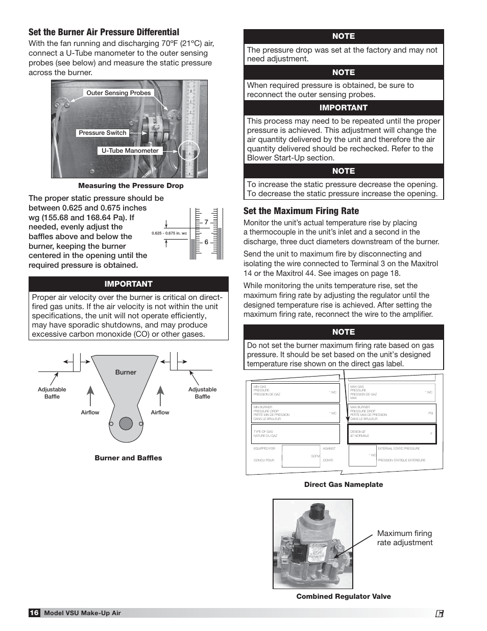 Set the burner air pressure differential, Set the maximum firing rate, Maximum ﬁring rate adjustment | Burner and bafﬂes, Direct gas nameplate, Combined regulator valve, Measuring the pressure drop | Greenheck Fan VSU Make-Up Air Unit with Direct-Fired Gas Heater 470654 User Manual | Page 16 / 36