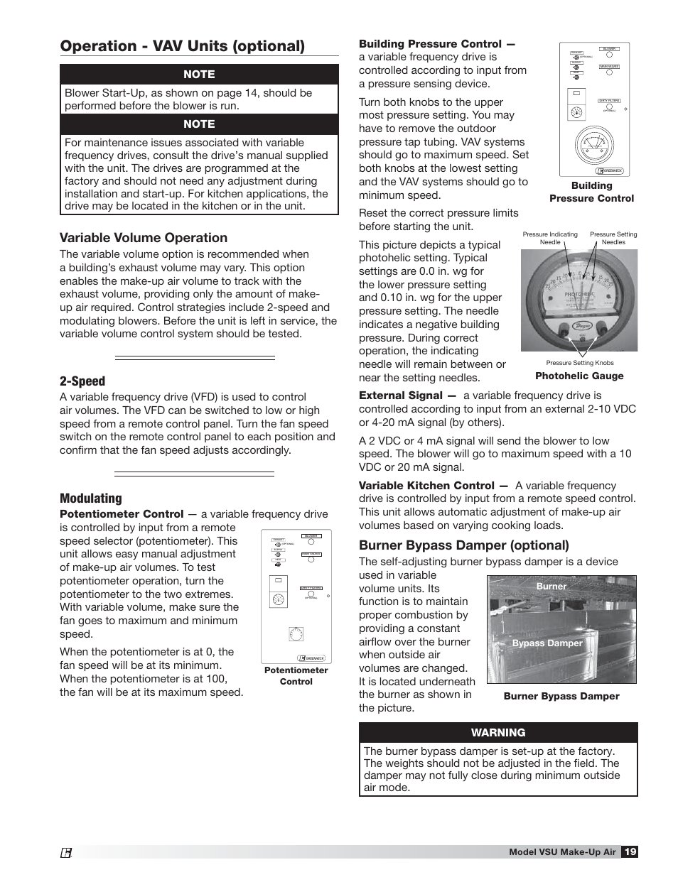 Operation - vav units (optional), Burner bypass damper (optional), Variable volume operation | Speed, Modulating | Greenheck Fan VSU Make-Up Air Unit with Direct-Fired Gas Heater 470654 User Manual | Page 19 / 36