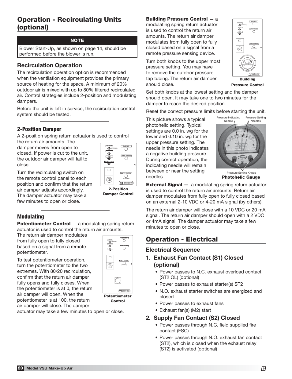 Operation - recirculating units (optional), Operation - electrical, Recirculation operation | Position damper, Modulating, Supply fan contact (s2) closed | Greenheck Fan VSU Make-Up Air Unit with Direct-Fired Gas Heater 470654 User Manual | Page 20 / 36