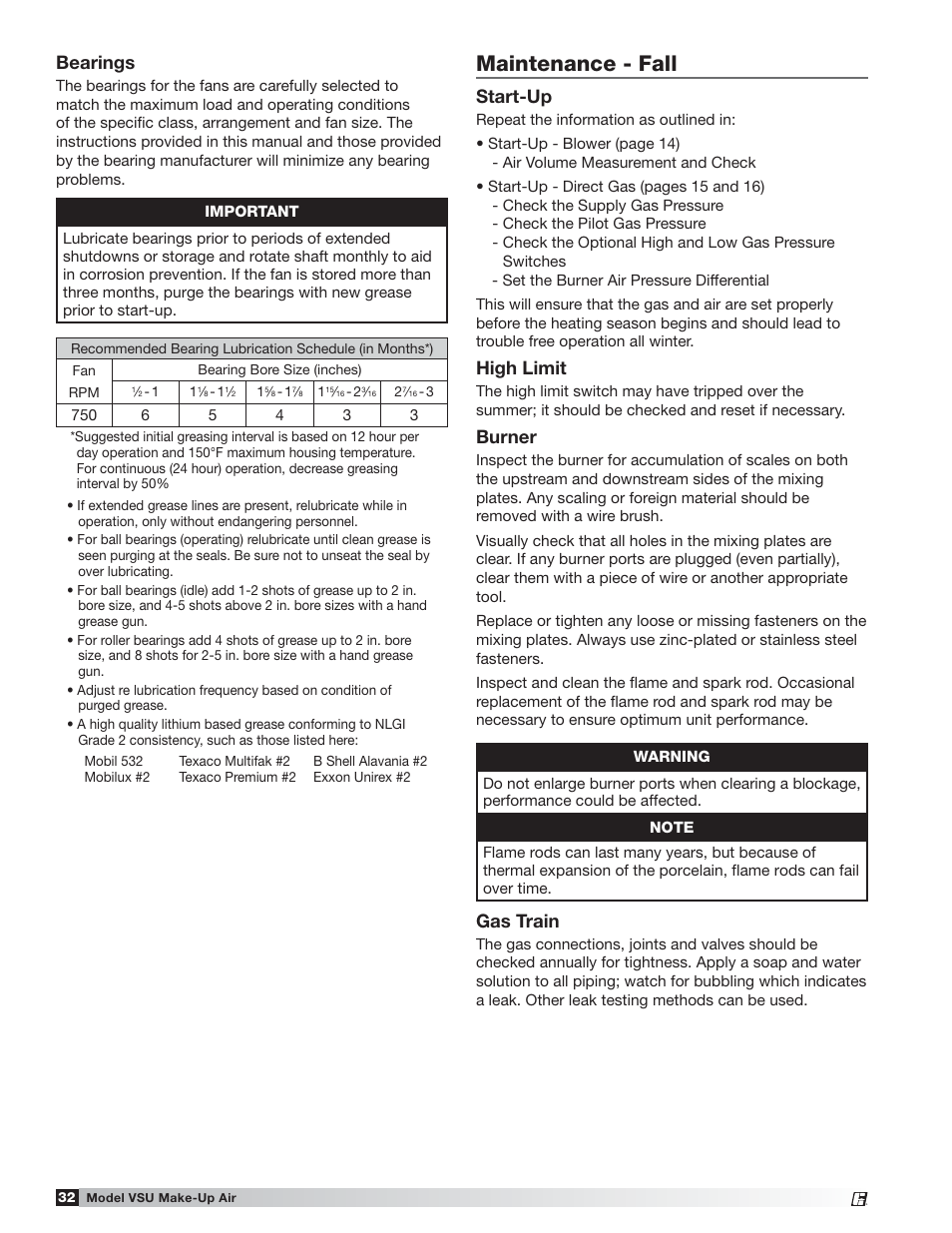 Maintenance - fall, Bearings, Start-up | High limit, Burner, Gas train | Greenheck Fan VSU Make-Up Air Unit with Direct-Fired Gas Heater 470654 User Manual | Page 32 / 36