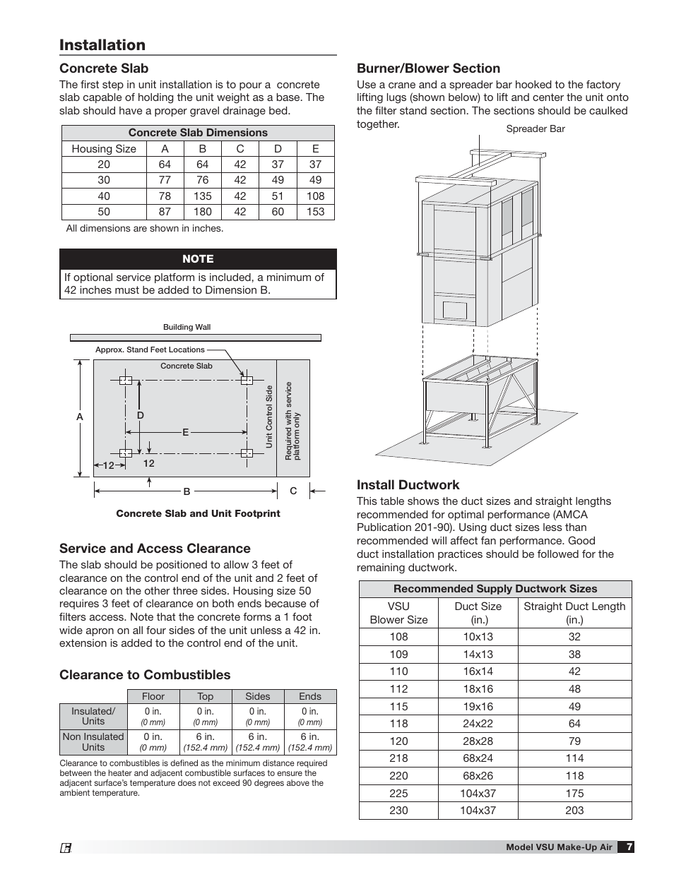 Installation, Install ductwork, Concrete slab | Service and access clearance, Clearance to combustibles | Greenheck Fan VSU Make-Up Air Unit with Direct-Fired Gas Heater 470654 User Manual | Page 7 / 36