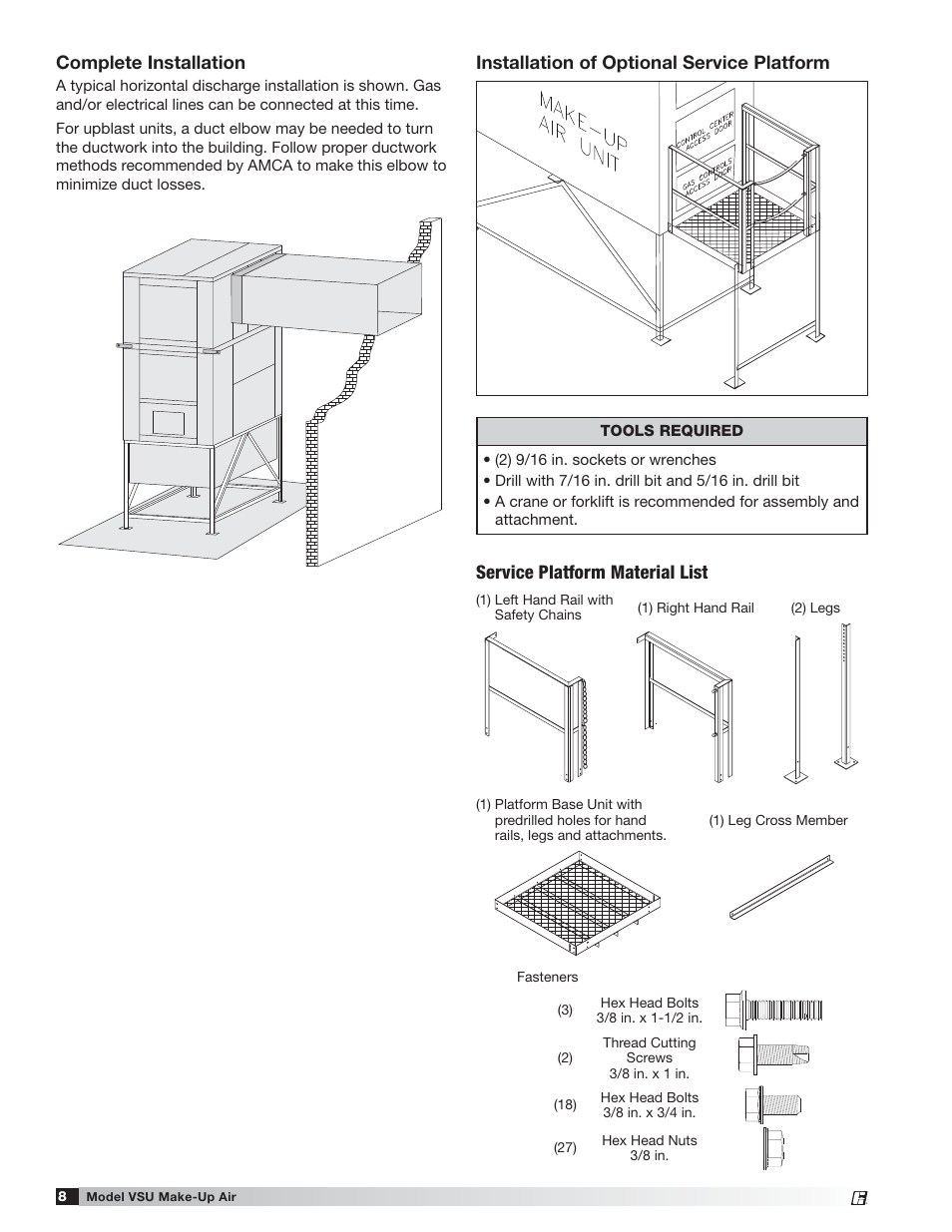 Complete installation, Installation of optional service platform, Service platform material list | Greenheck Fan VSU Make-Up Air Unit with Direct-Fired Gas Heater 470654 User Manual | Page 8 / 36