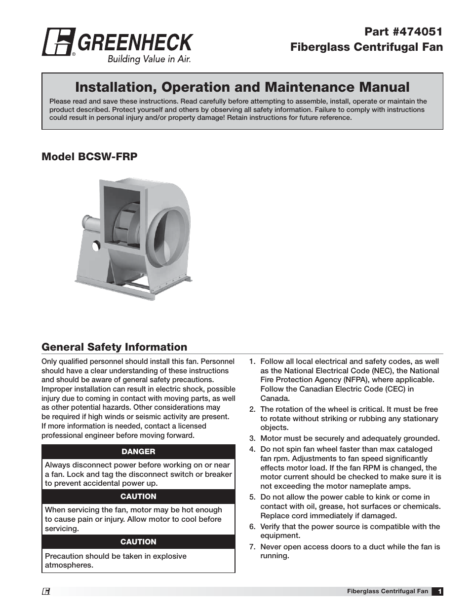 Greenheck Fan Fiberglass Centrifugal Fan 474051 User Manual | 12 pages